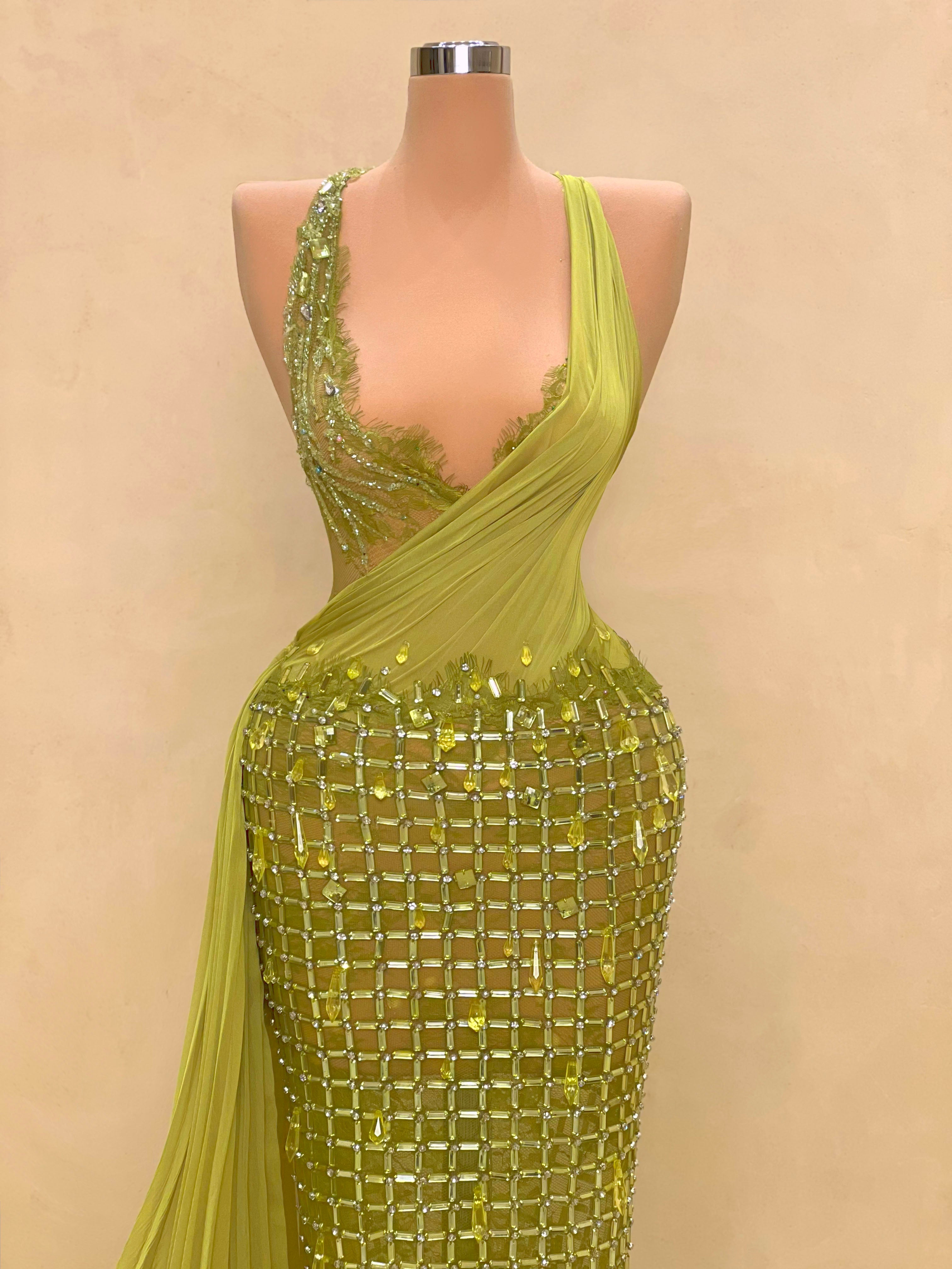 Lime Green Crystal Evening Gown with Draped Cape Couture Formal Dress VALDRIN SAHITI Lime Green Crystal Evening Gown with Draped Cape Couture Formal Dress VALDRIN SAHITI