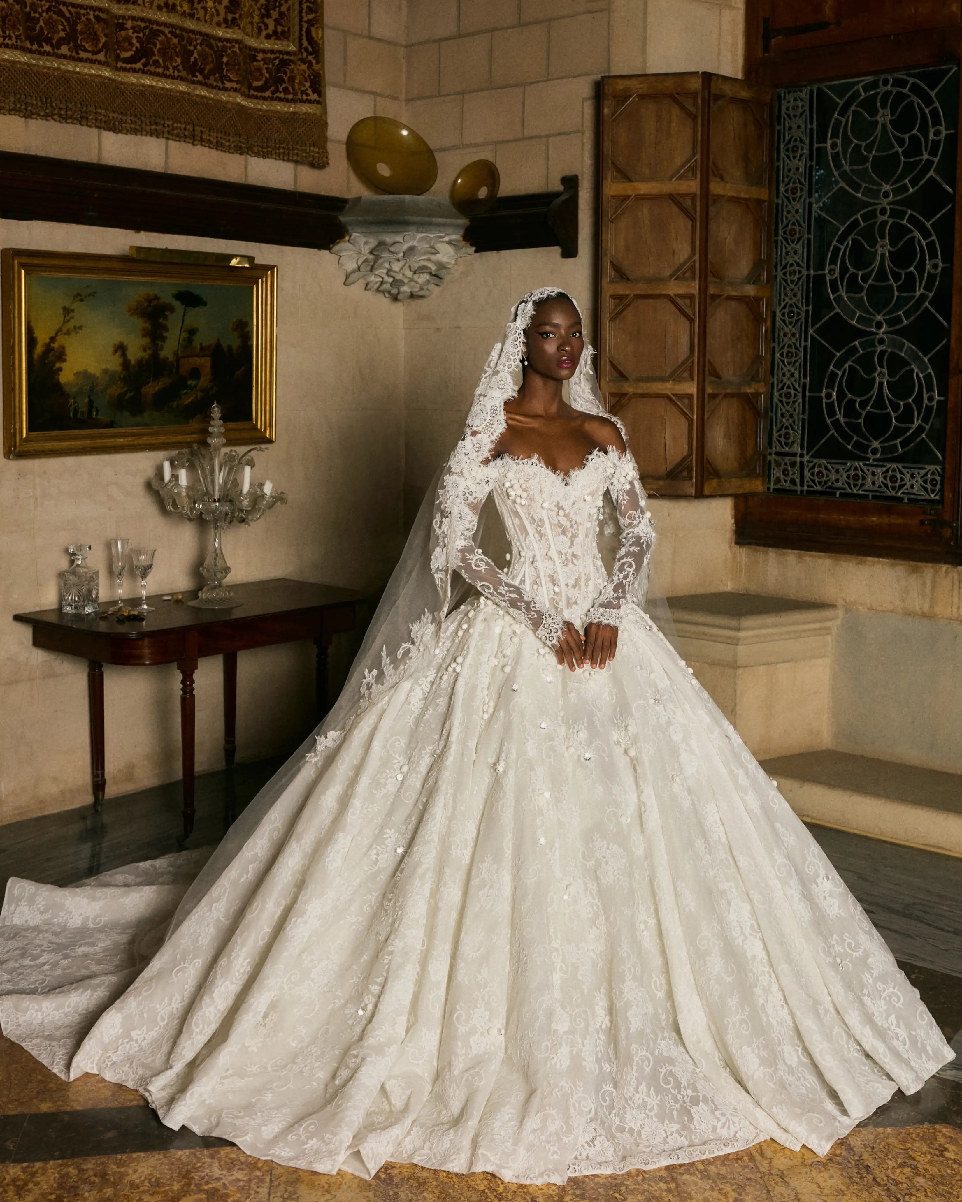 Lace Long-Sleeve Bridal Ballgown with Veil & Train | Romantic Wedding VALDRIN SAHITI Lace Long-Sleeve Bridal Ballgown with Veil & Train | Romantic Wedding VALDRIN SAHITI