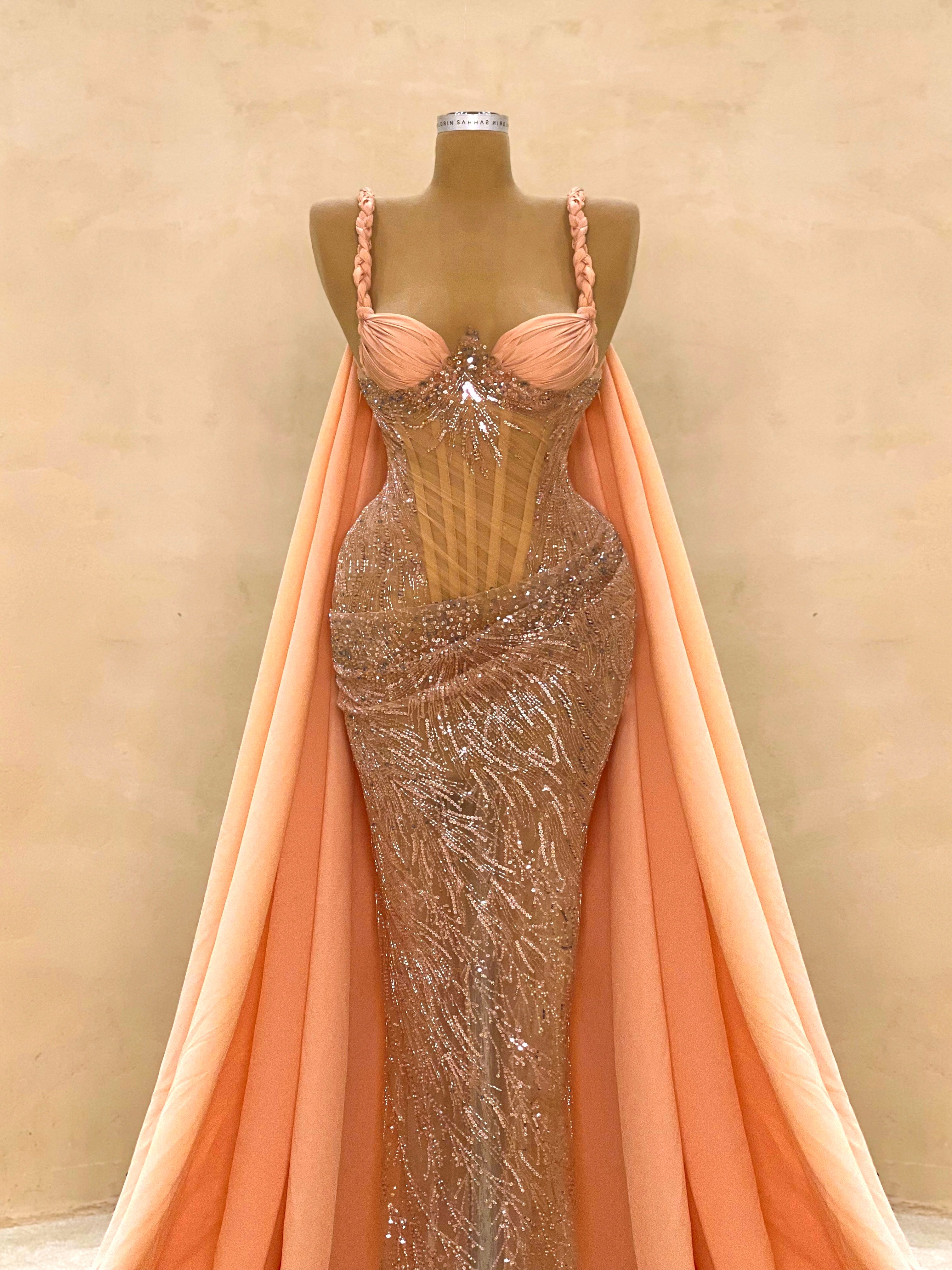 Peach Sequin Corset Gown with Chiffon Cape VALDRIN SAHITI Peach Sequin Corset Gown with Chiffon Cape VALDRIN SAHITI