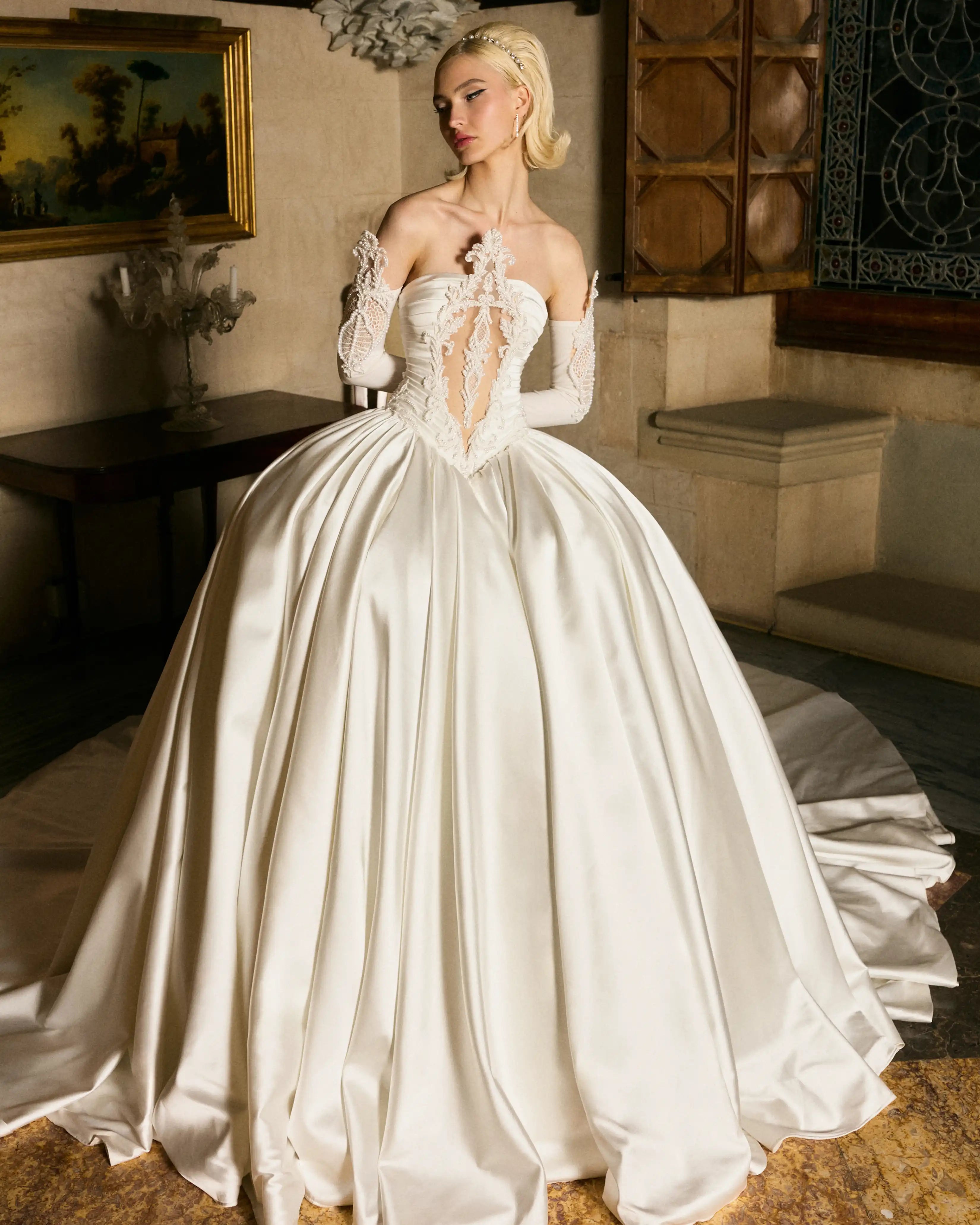 Off-Shoulder Satin Ballgown Bridal Dress with Corset Bodice VALDRIN SAHITI Off-Shoulder Satin Ballgown Bridal Dress with Corset Bodice VALDRIN SAHITI