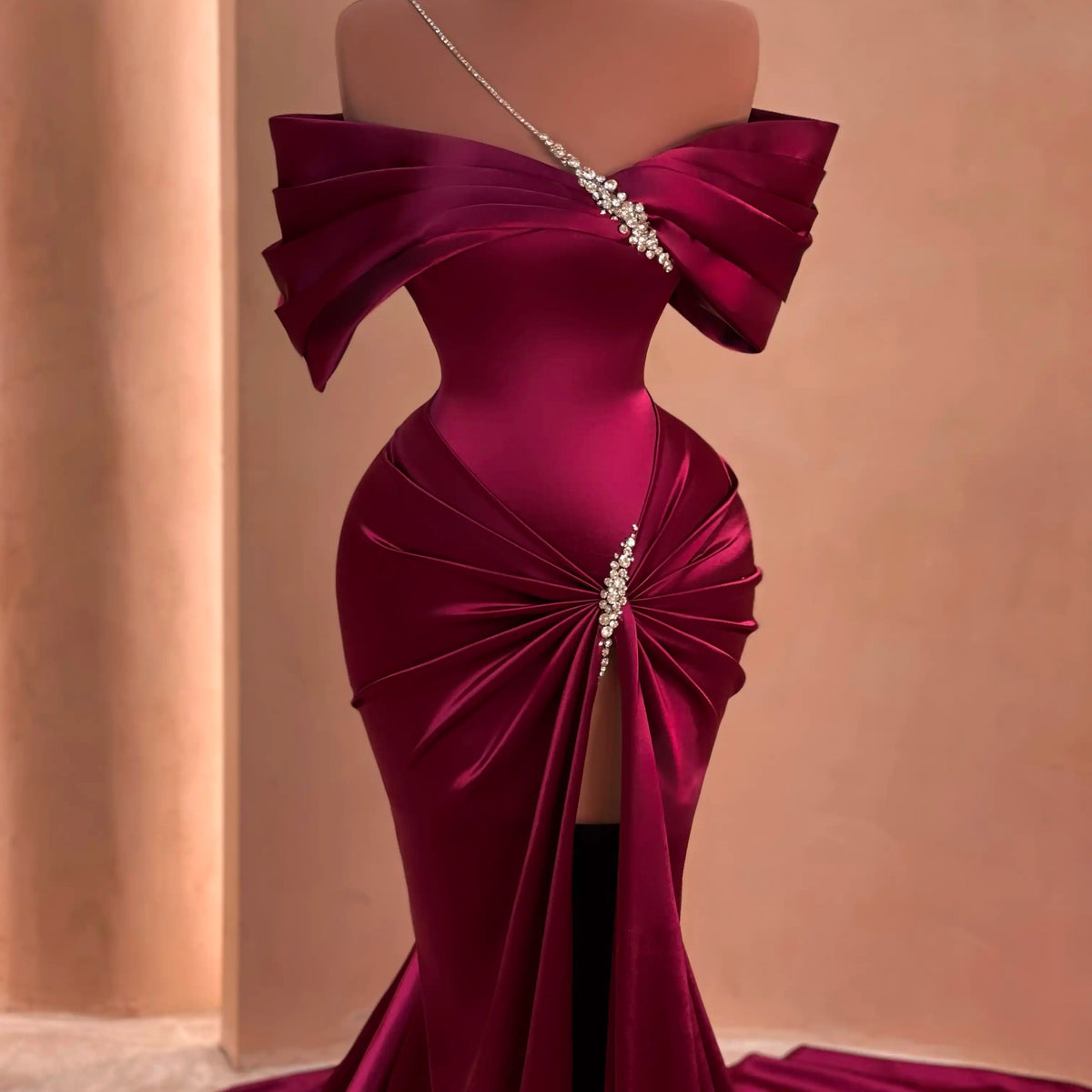 V-Neck Satin Gown with Pleated Off-Shoulder Detail Burgundy