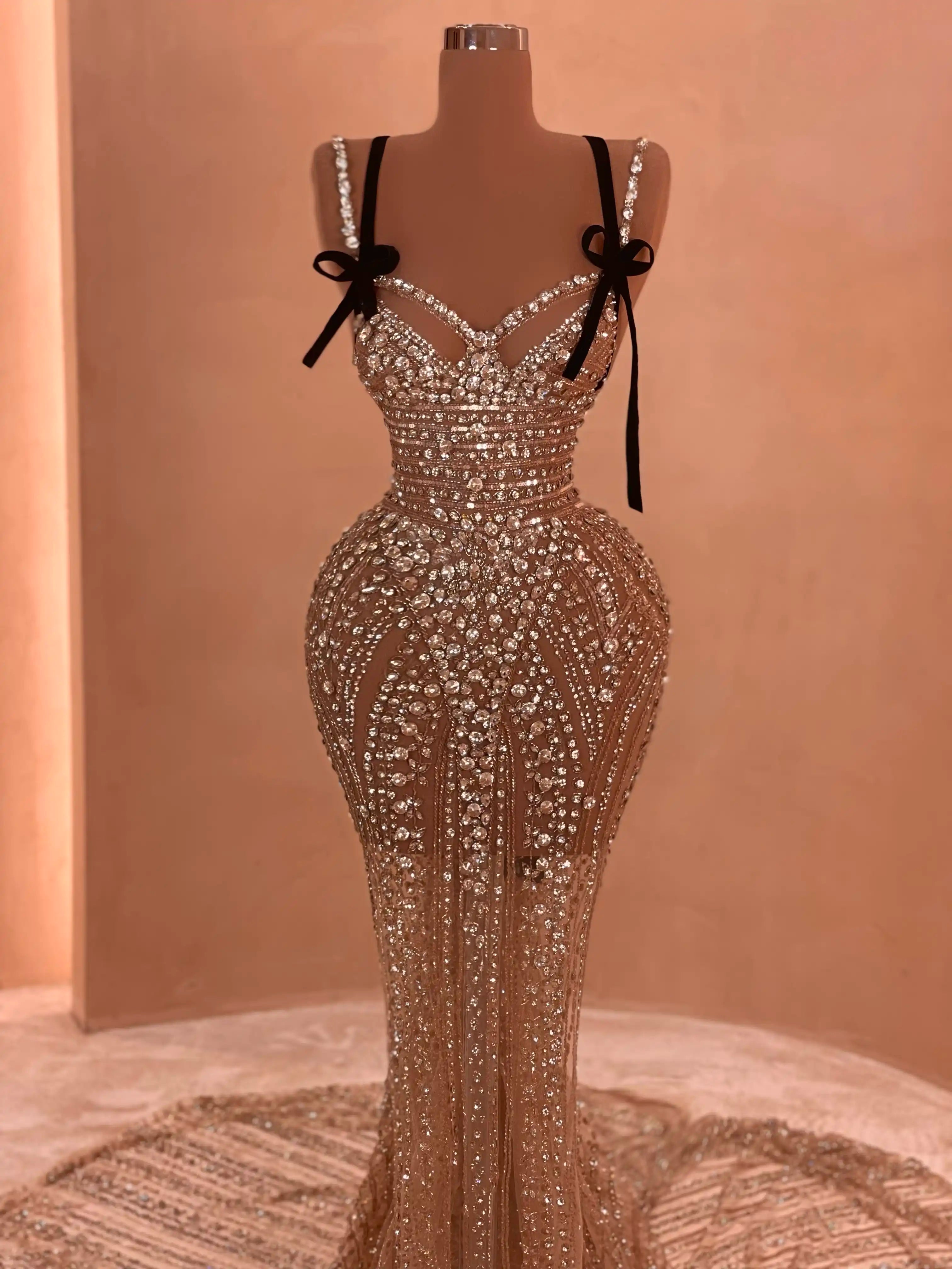 Champagne Crystal Embellished Evening Dress VALDRIN SAHITI Champagne Crystal Embellished Evening Dress VALDRIN SAHITI