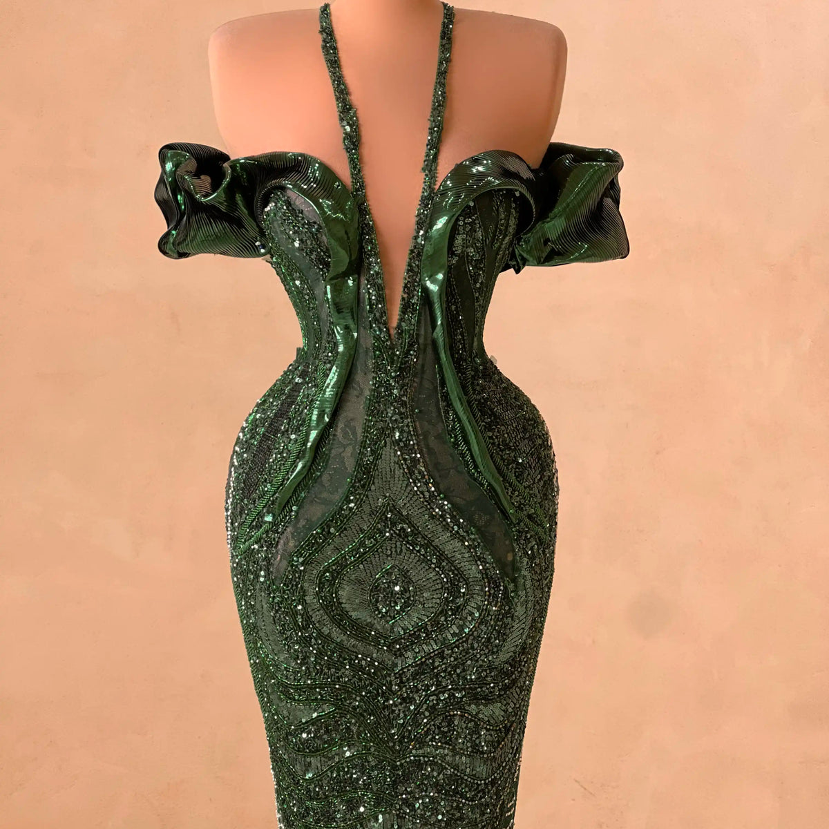 V-Neck Satin Gown with Pleated Off-Shoulder Detail Emerald main image 0