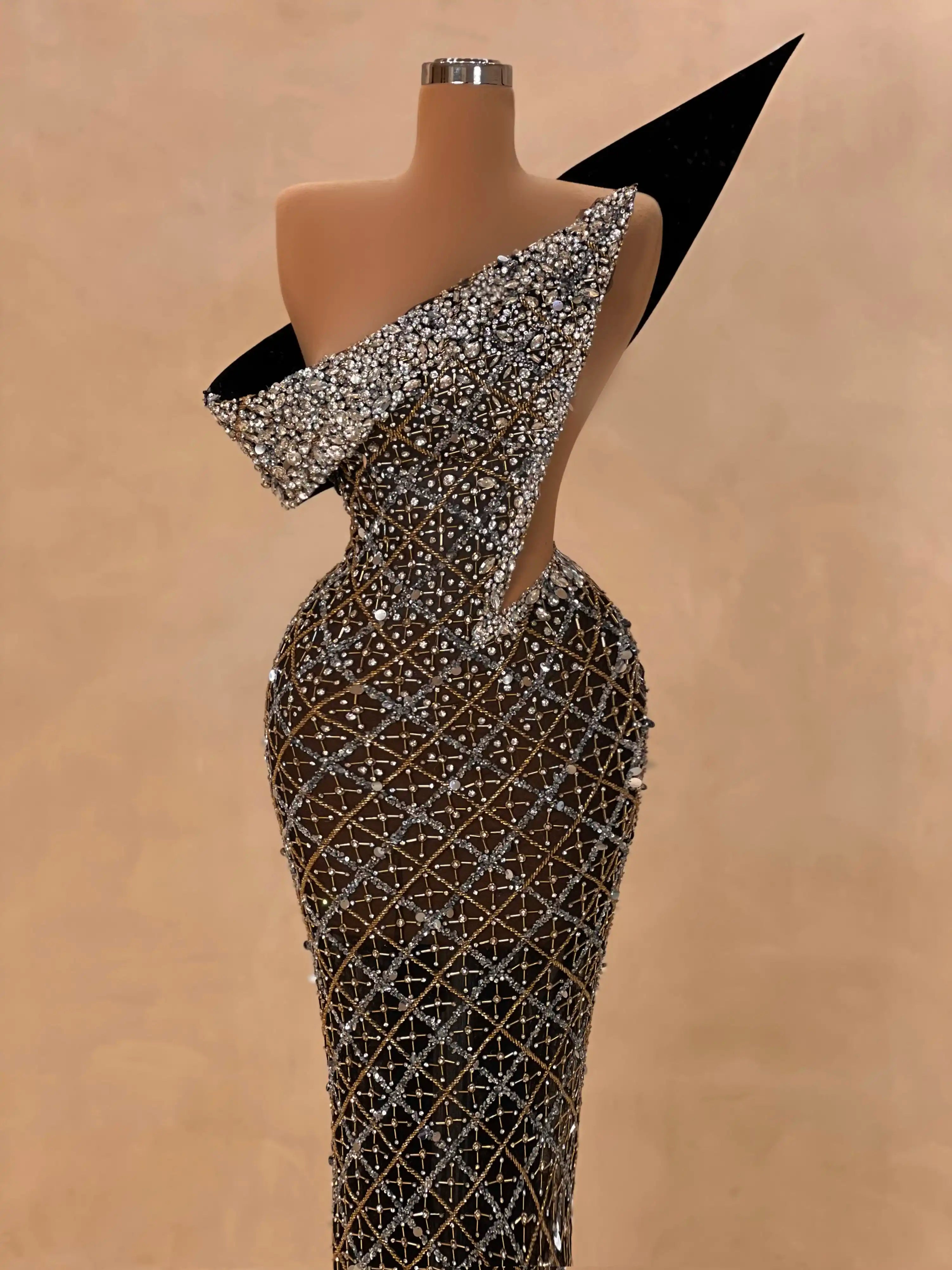 Black Asymmetric Beaded Couture Dress VALDRIN SAHITI Black Asymmetric Beaded Couture Dress VALDRIN SAHITI