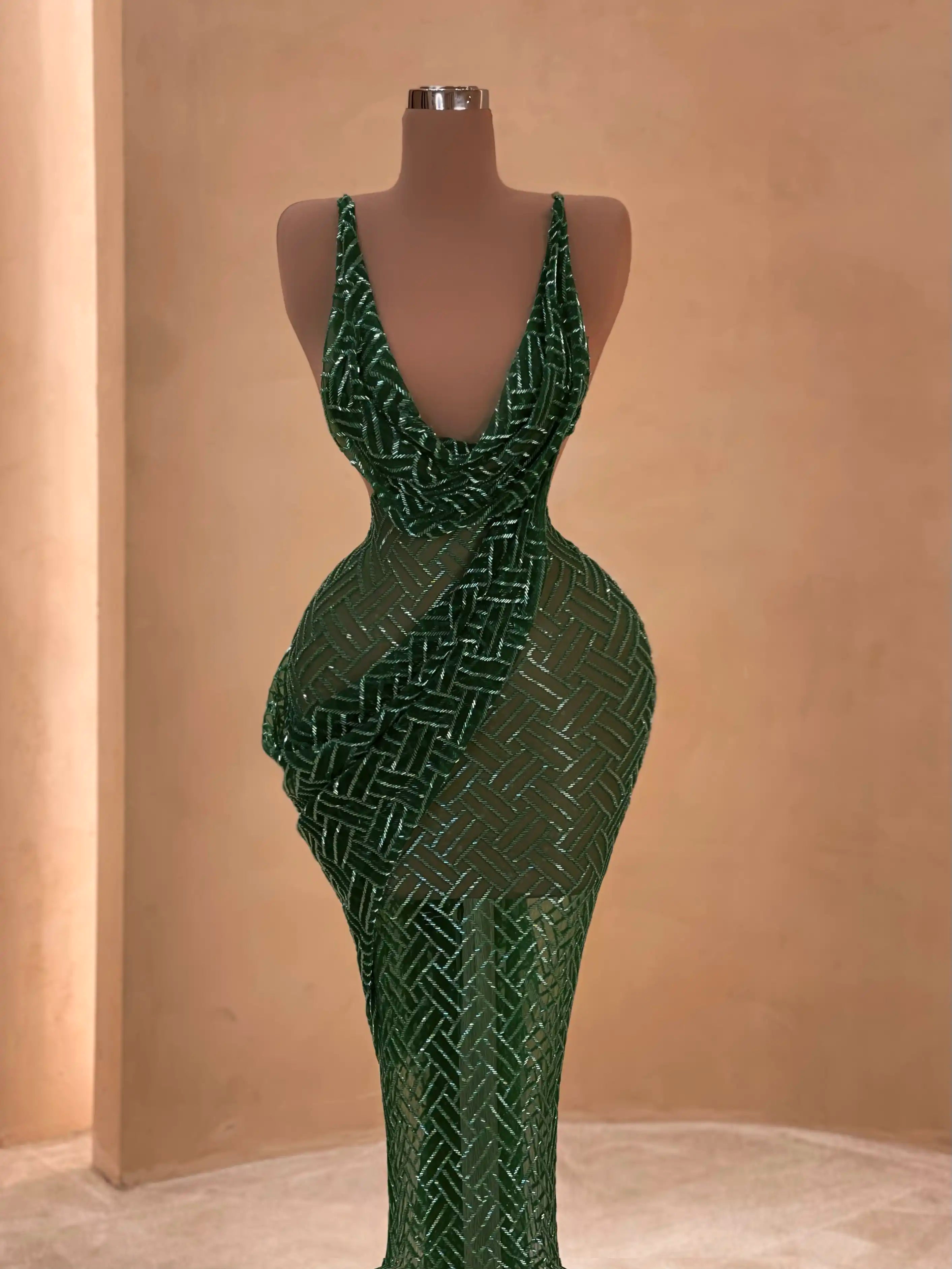 Green Beaded Sleek Evening Dress VALDRIN SAHITI Green Beaded Sleek Evening Dress VALDRIN SAHITI