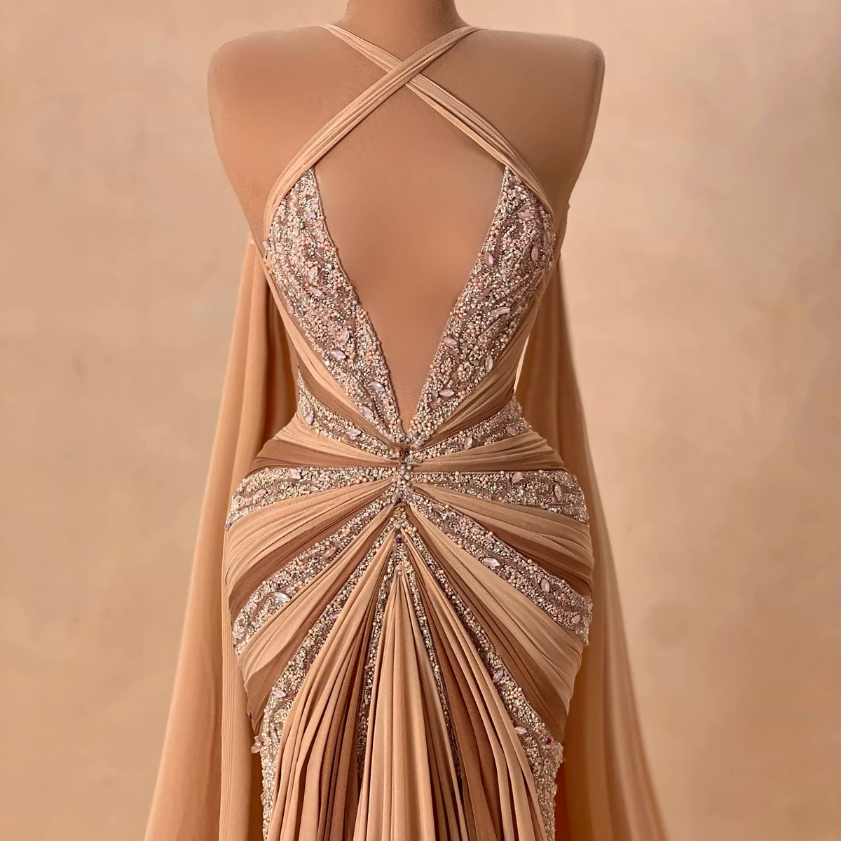 Nude Embellished Evening Gown – Luxury Draped Formal Dress – VALDRIN SAHITI