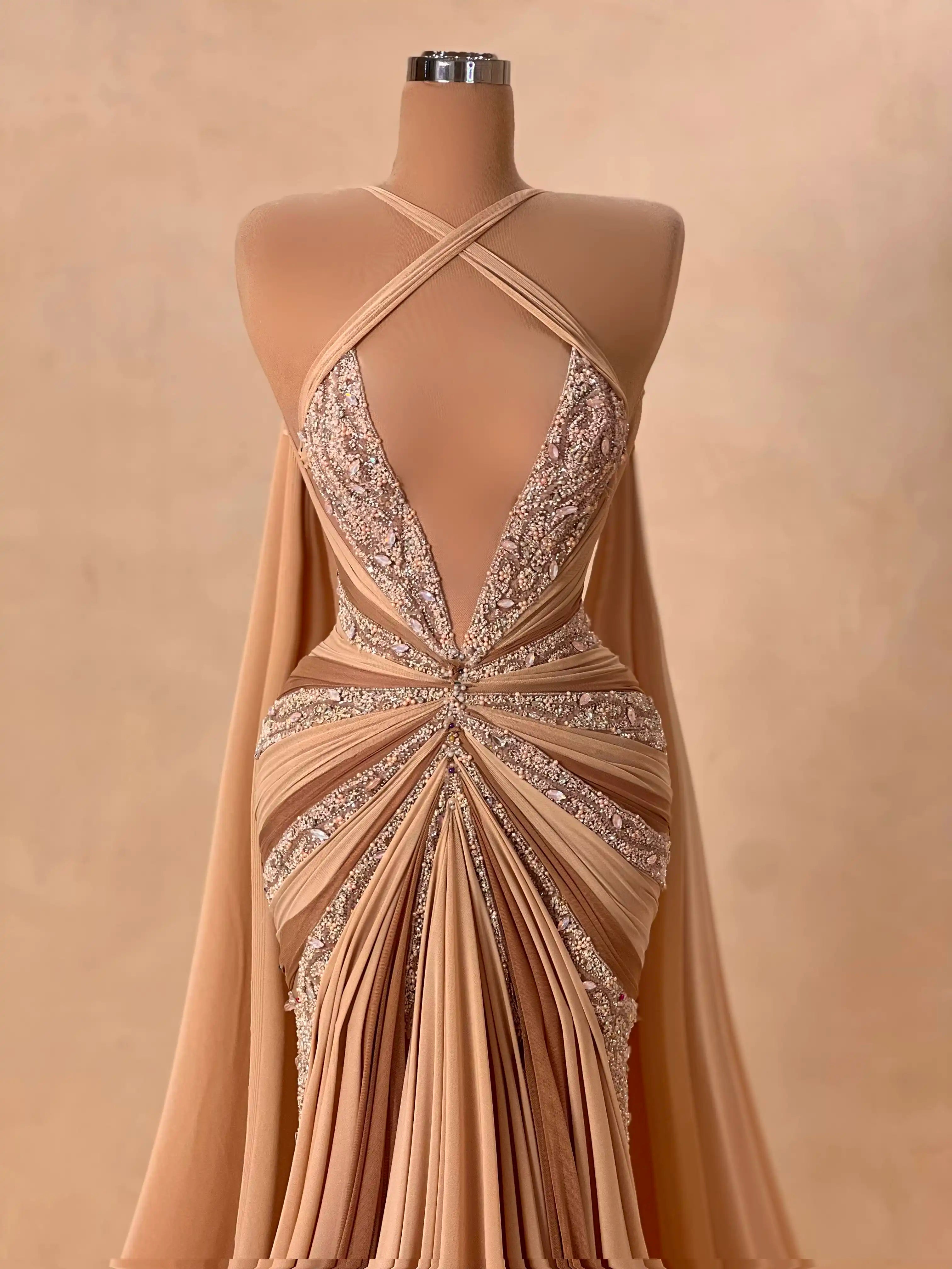 Nude Embellished Evening Gown Luxury Draped Formal Dress VALDRIN SAHITI Nude Embellished Evening Gown Luxury Draped Formal Dress VALDRIN SAHITI