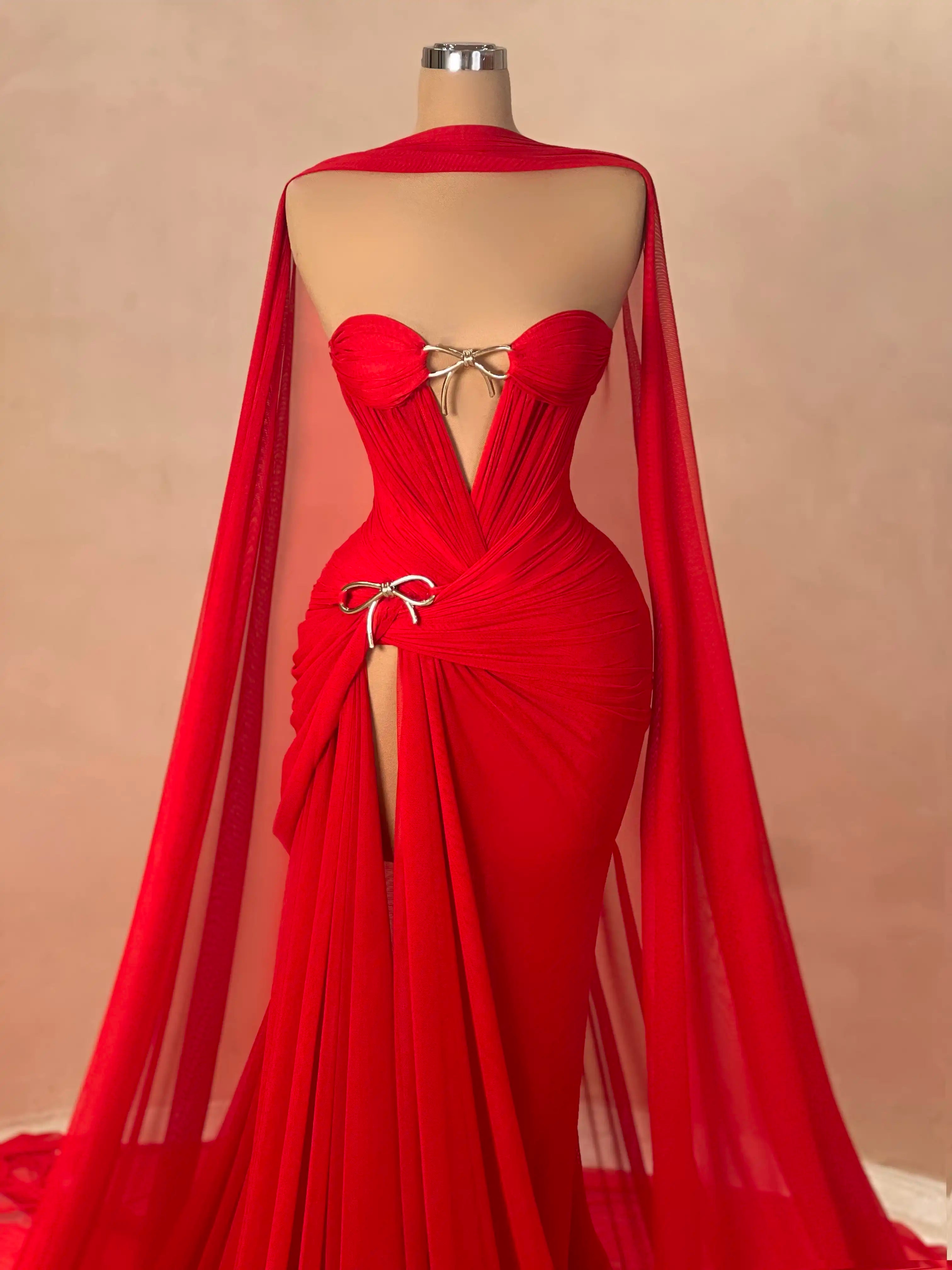 Red Cape Evening Gown Dramatic Formalwear for Gala Events VALDRIN SAHITI Red Cape Evening Gown Dramatic Formalwear for Gala Events VALDRIN SAHITI