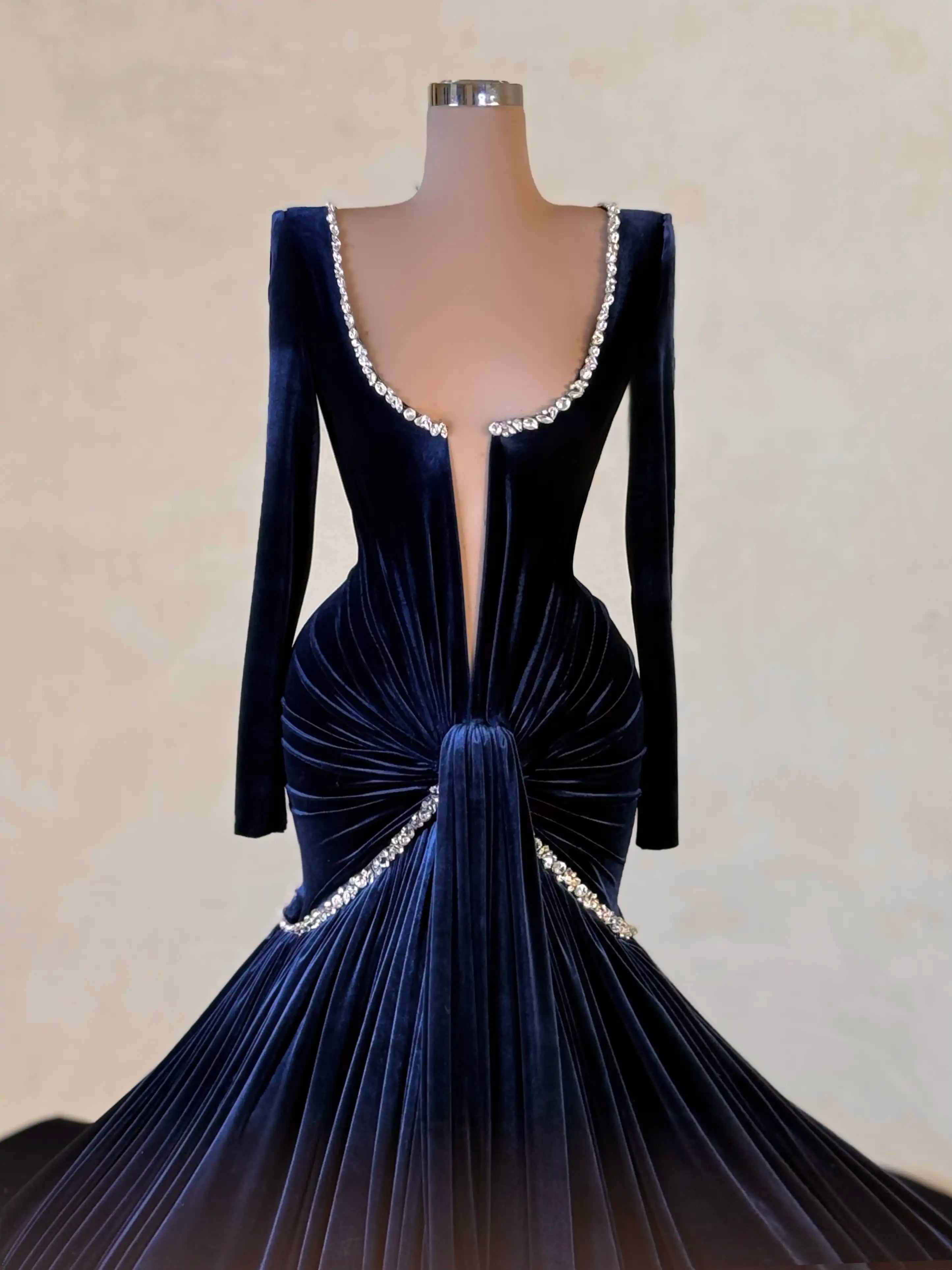Navy Velvet Plunge Gown Evening Dress 049 VALDRIN SAHITI Navy Velvet Plunge Gown Evening Dress 049 VALDRIN SAHITI