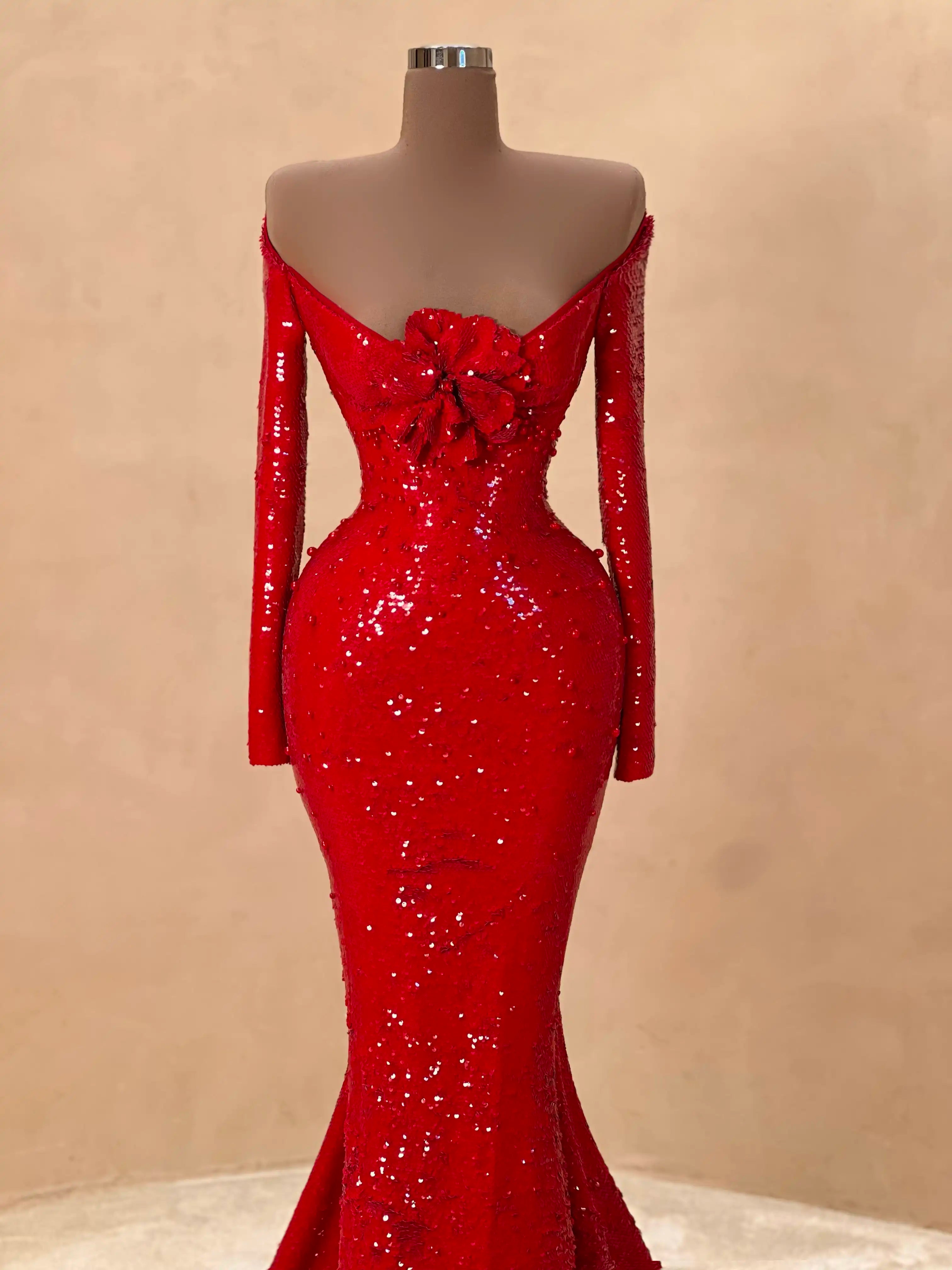 Off-Shoulder Red Floral Gown Evening Dress 055 VALDRIN SAHITI Off-Shoulder Red Floral Gown Evening Dress 055 VALDRIN SAHITI