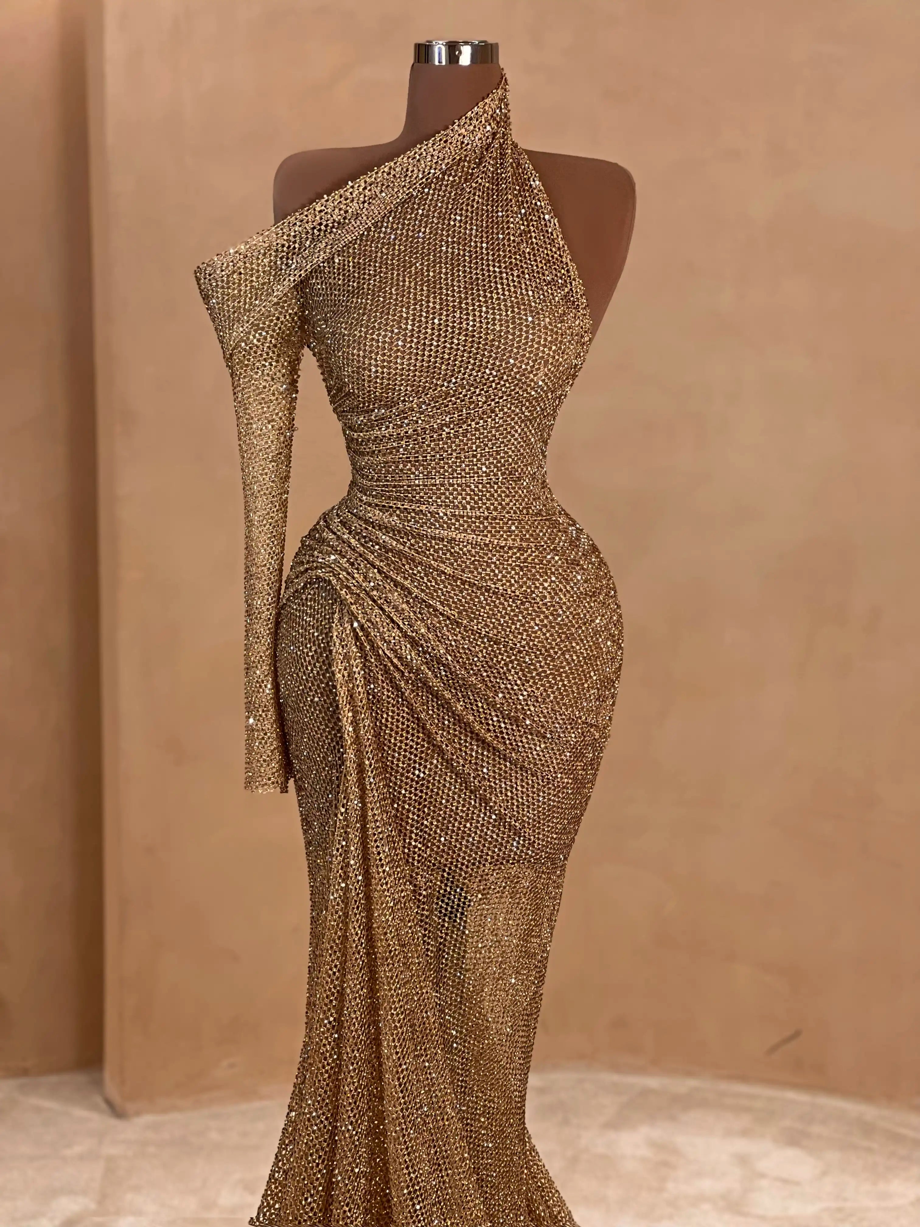 Bronze One-Shoulder Glitter Gown Evening Dress 057 VALDRIN SAHITI Bronze One-Shoulder Glitter Gown Evening Dress 057 VALDRIN SAHITI