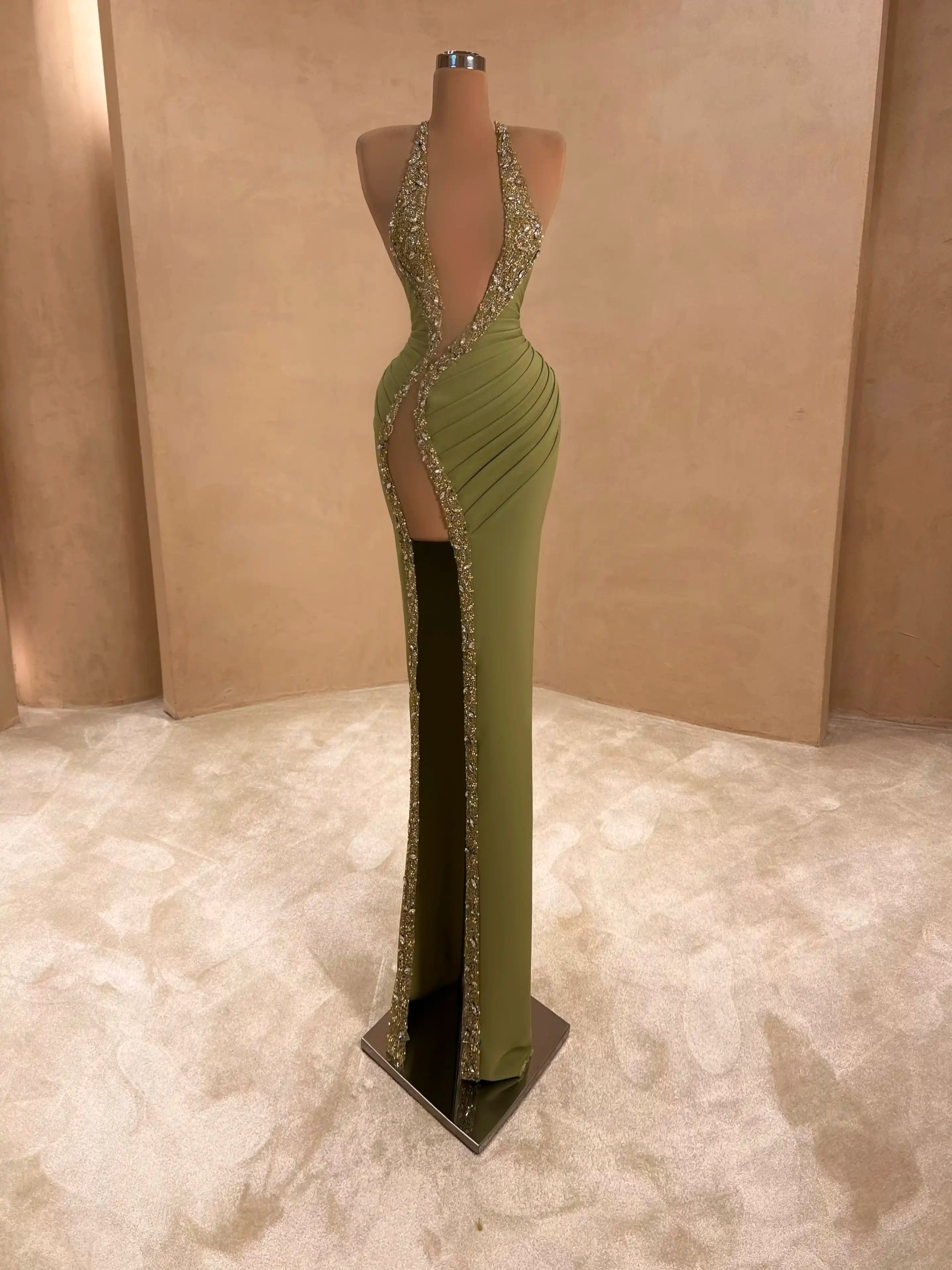 Olive Green Plunge Gown Evening Dress 061 VALDRIN SAHITI Olive Green Plunge Gown Evening Dress 061 VALDRIN SAHITI