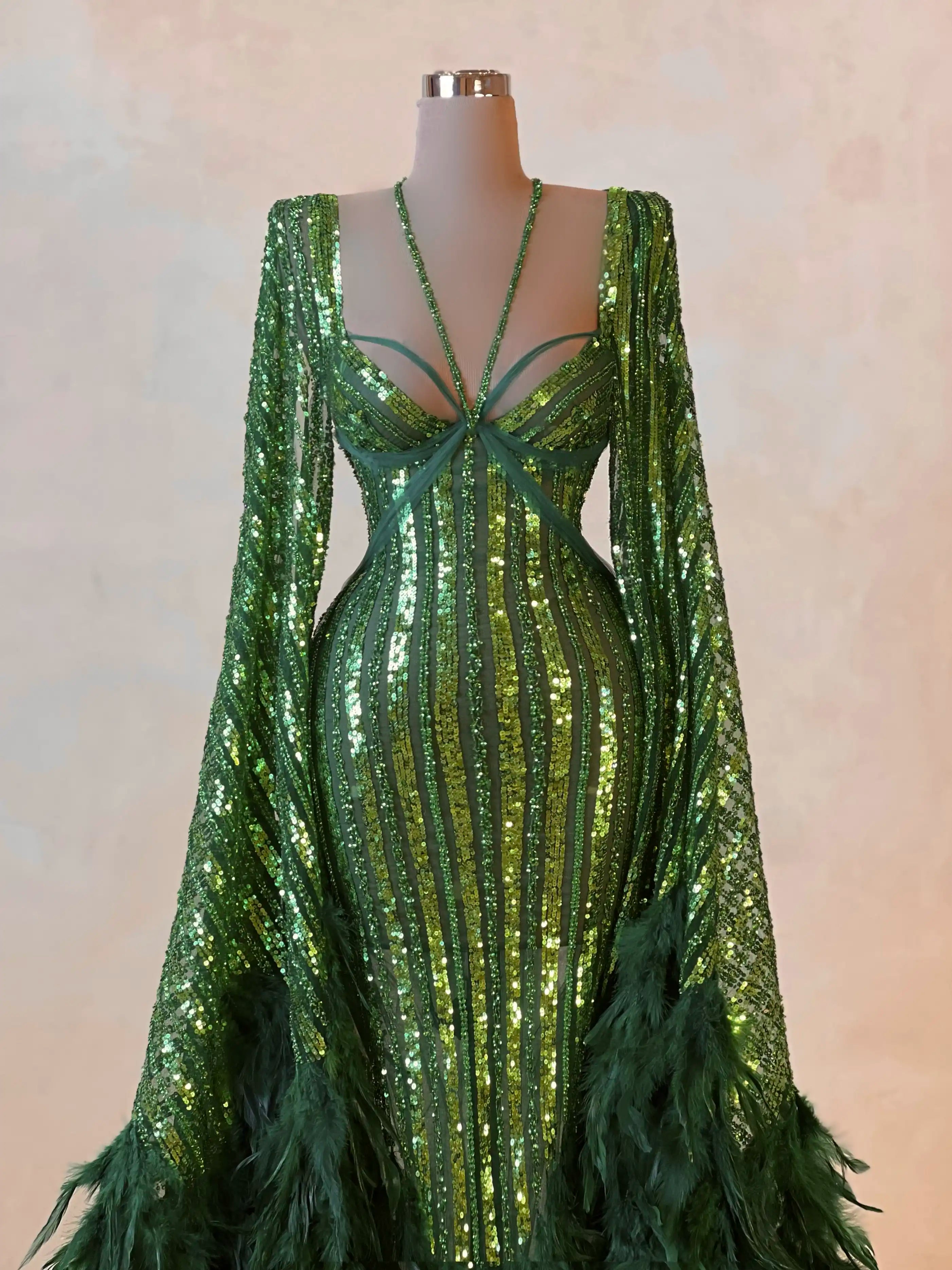 Emerald Sequin Feather Cape Gown Evening Dress 063 VALDRIN SAHITI Emerald Sequin Feather Cape Gown Evening Dress 063 VALDRIN SAHITI