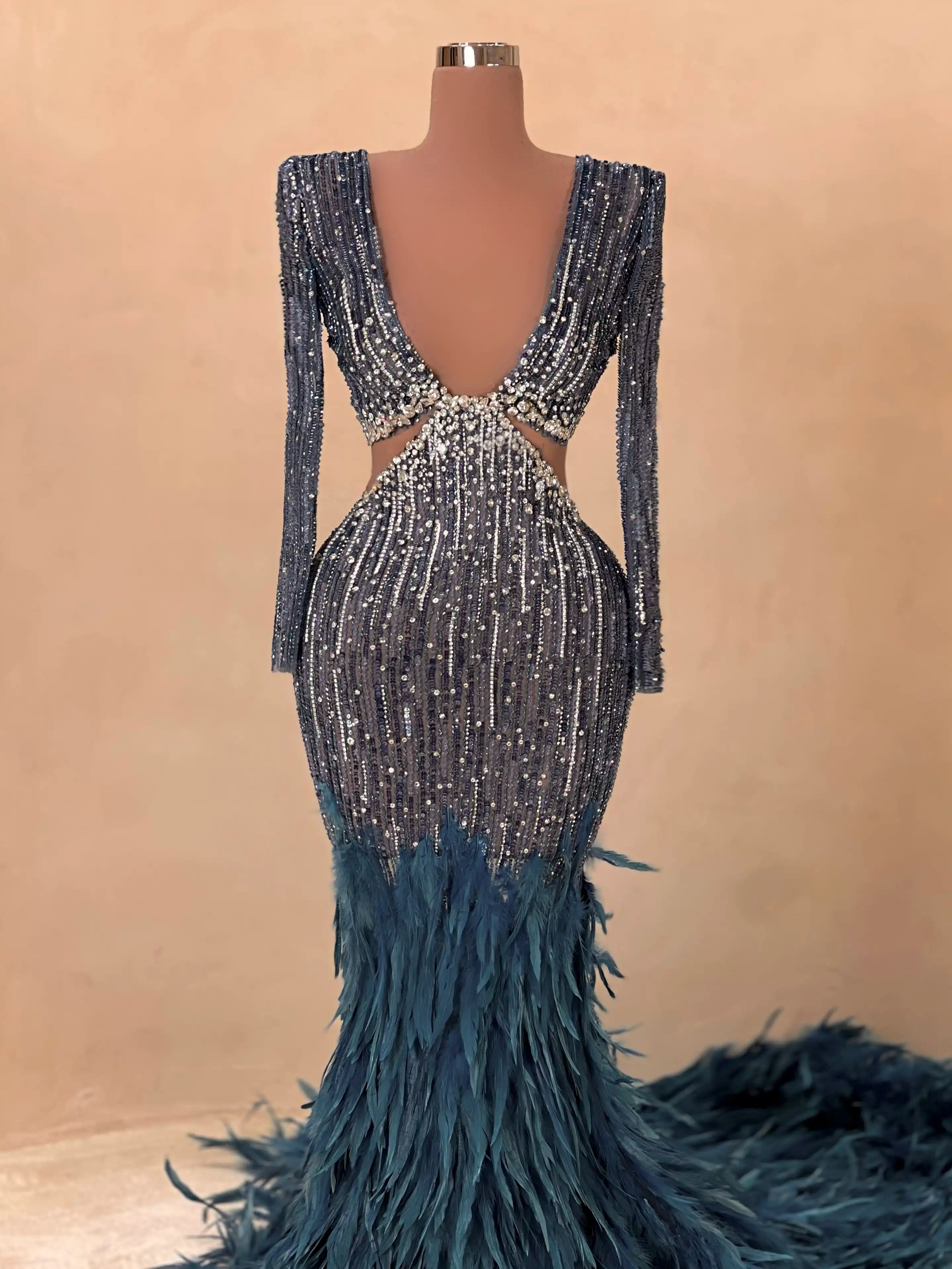 Metallic Gunmetal Feathered Mermaid Gown Evening Dress 065 VALDRIN SAHITI Metallic Gunmetal Feathered Mermaid Gown Evening Dress 065 VALDRIN SAHITI
