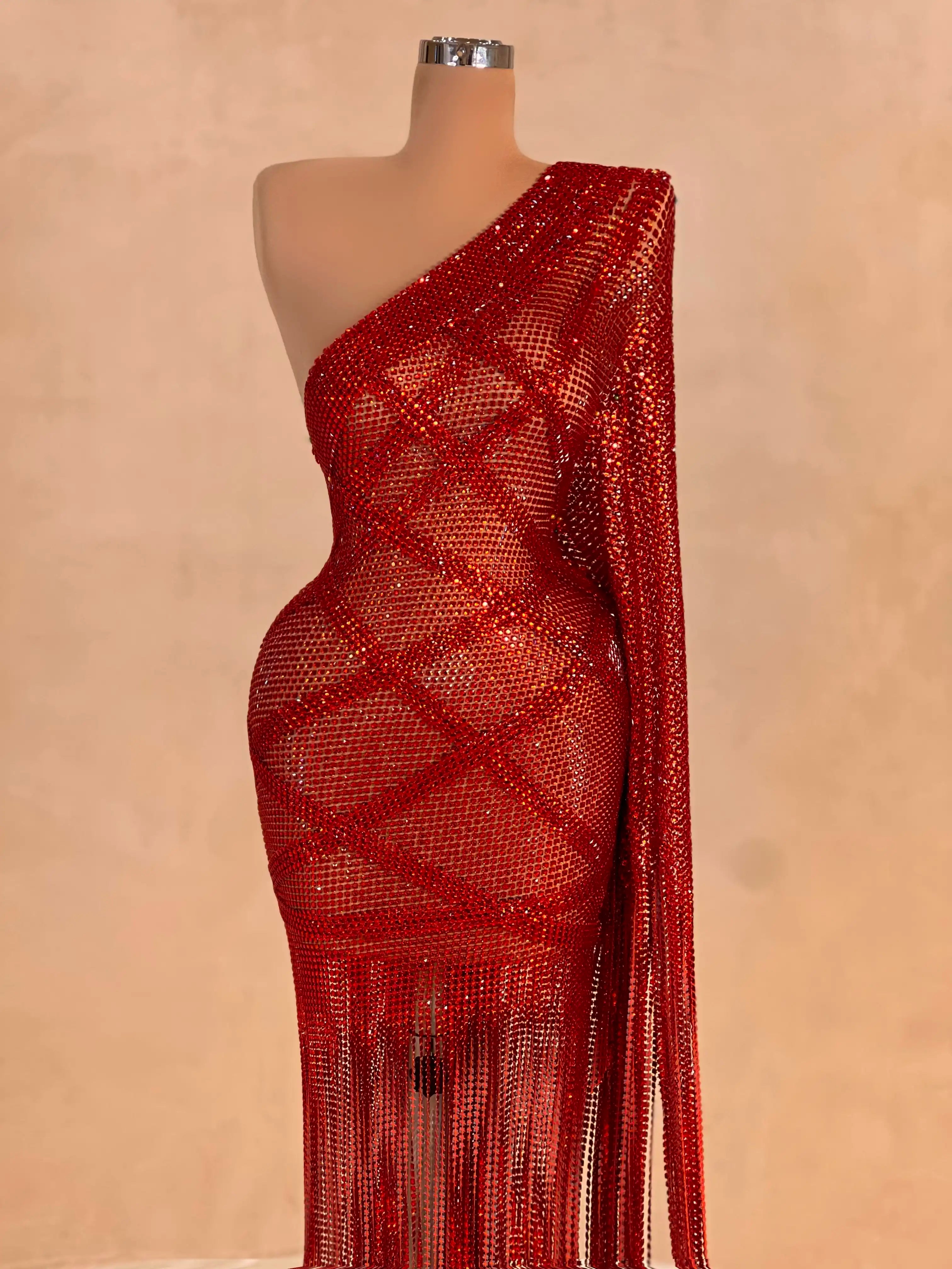 Red Fringe One-Shoulder Gown – Evening Dress 071 Red Fringe One-Shoulder Gown – Evening Dress 071