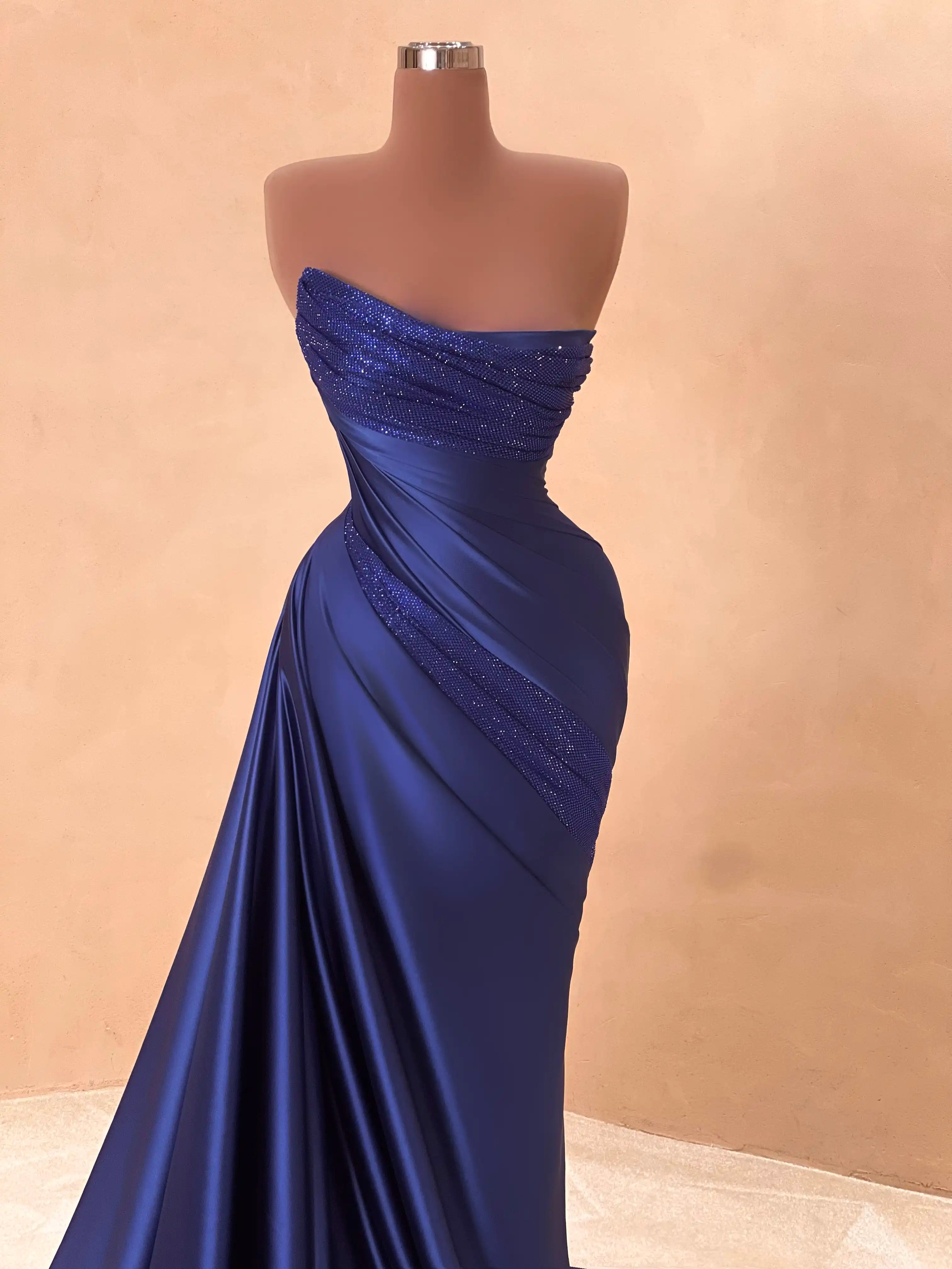Blue Satin Strapless Slit Gown with Draping VALDRIN SAHITI Blue Satin Strapless Slit Gown with Draping VALDRIN SAHITI