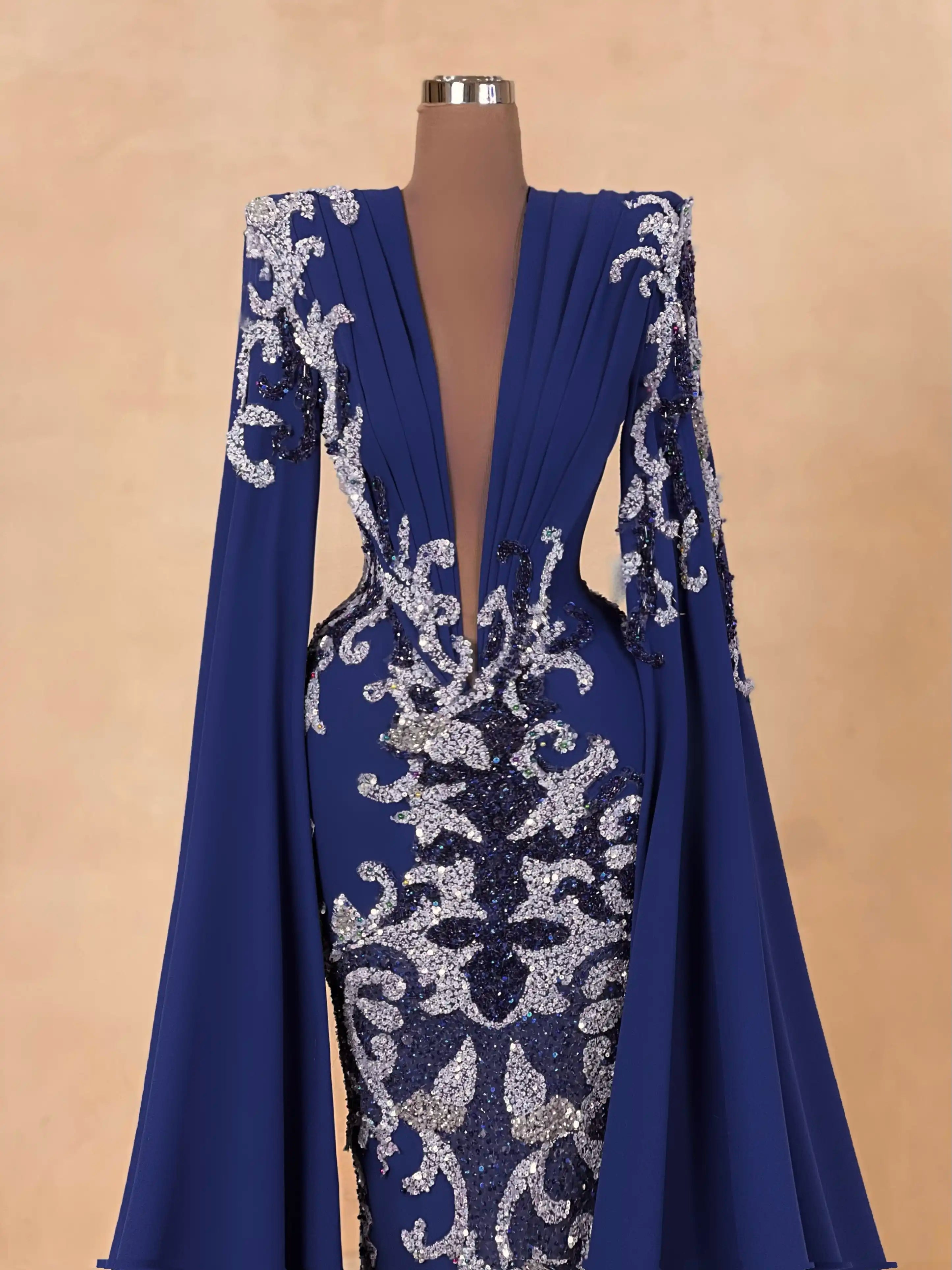 Navy Embroidered Gown with Silver Cape Sleeves VALDRIN SAHITI Navy Embroidered Gown with Silver Cape Sleeves VALDRIN SAHITI