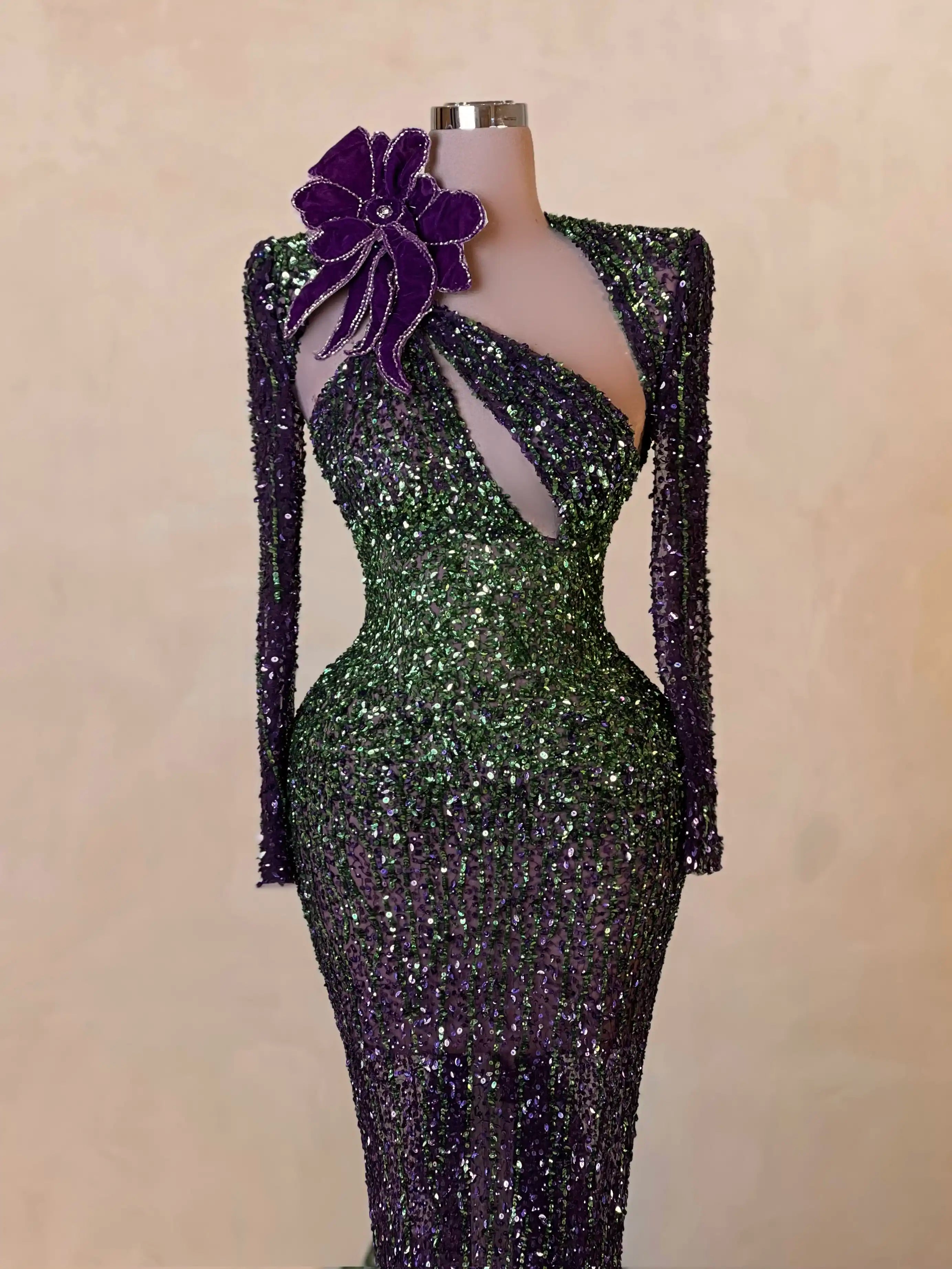 Green & Purple Beaded Gown with Crystal Accents VALDRIN SAHITI Green & Purple Beaded Gown with Crystal Accents VALDRIN SAHITI