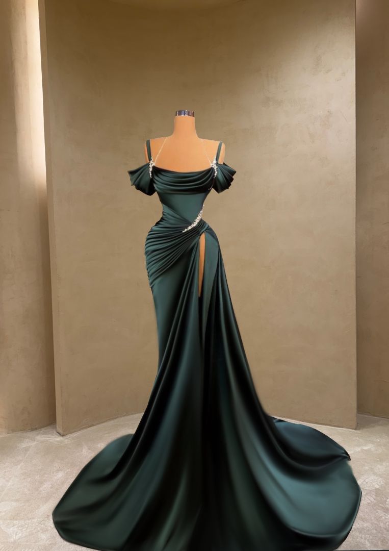 Emerald Green Off-Shoulder Satin Draped Gown VALDRIN SAHITI Emerald Green Off-Shoulder Satin Draped Gown VALDRIN SAHITI