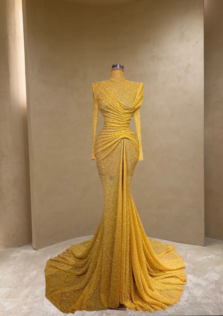Golden Asymmetric Sculpted Mermaid Gown VALDRIN SAHITI Golden Asymmetric Sculpted Mermaid Gown VALDRIN SAHITI