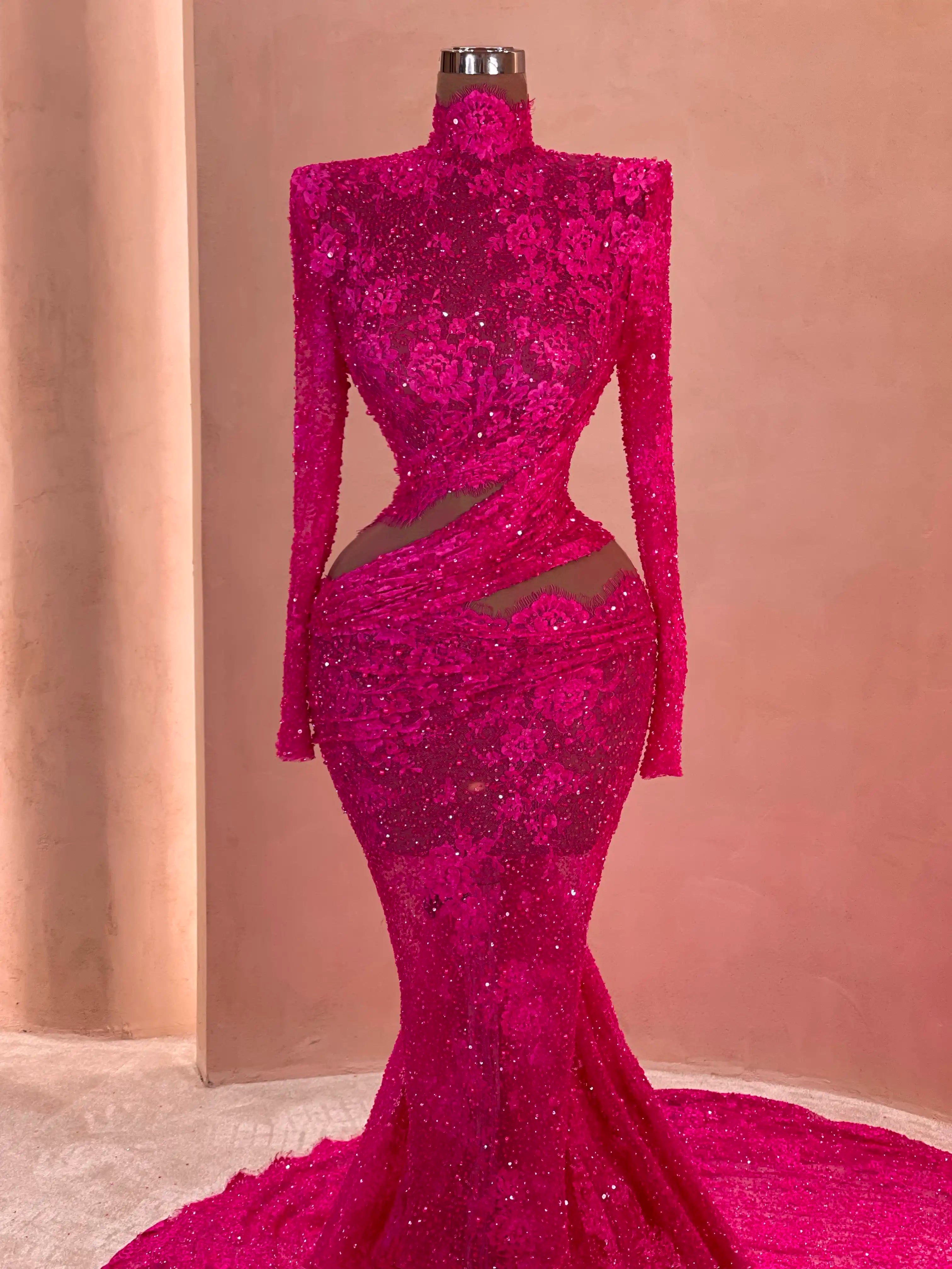 Hot Pink Beaded Cutout Gown VALDRIN SAHITI Hot Pink Beaded Cutout Gown VALDRIN SAHITI