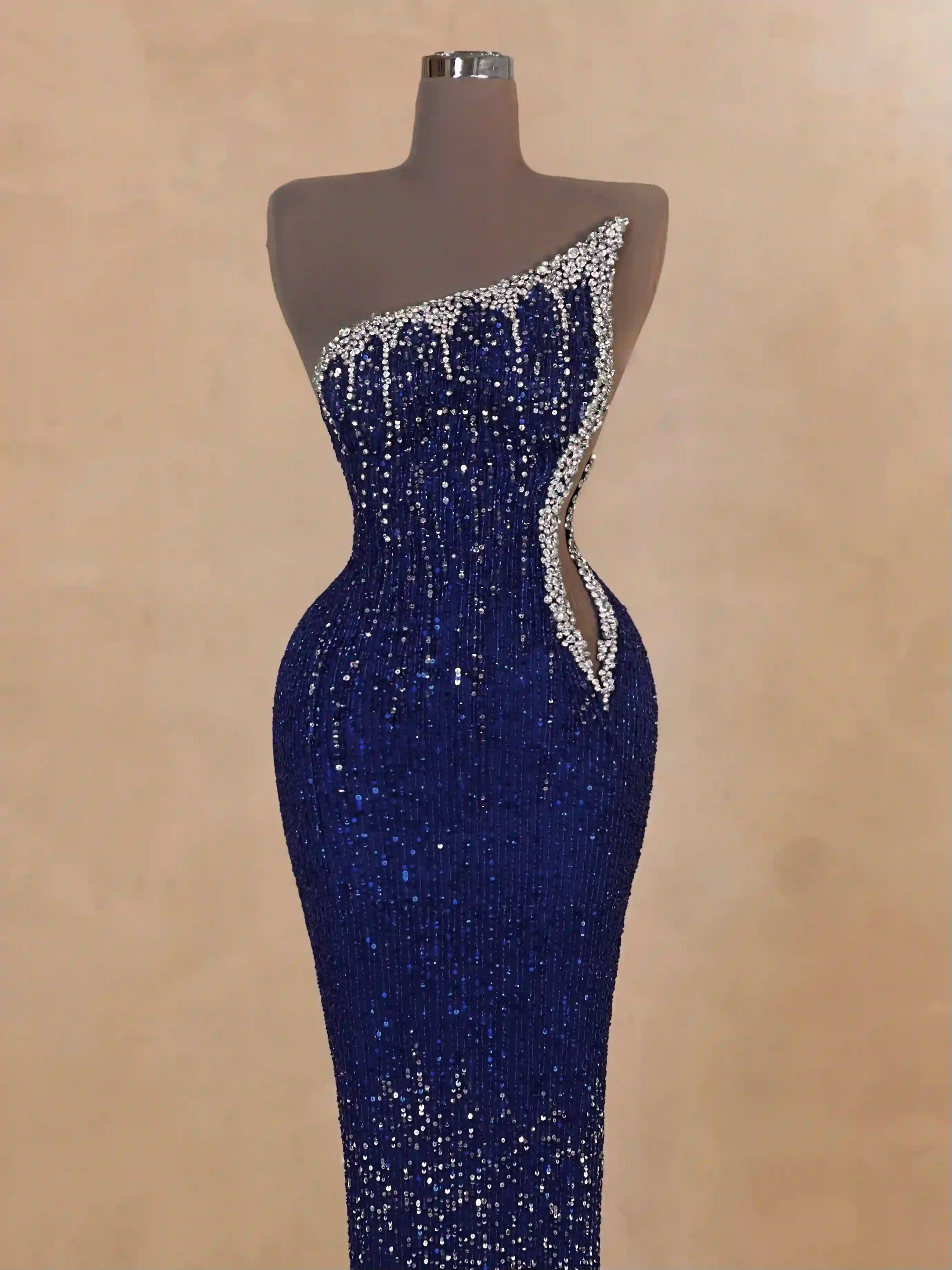 Royal Blue Sequin One-Shoulder Gown with Cape VALDRIN SAHITI Royal Blue Sequin One-Shoulder Gown with Cape VALDRIN SAHITI