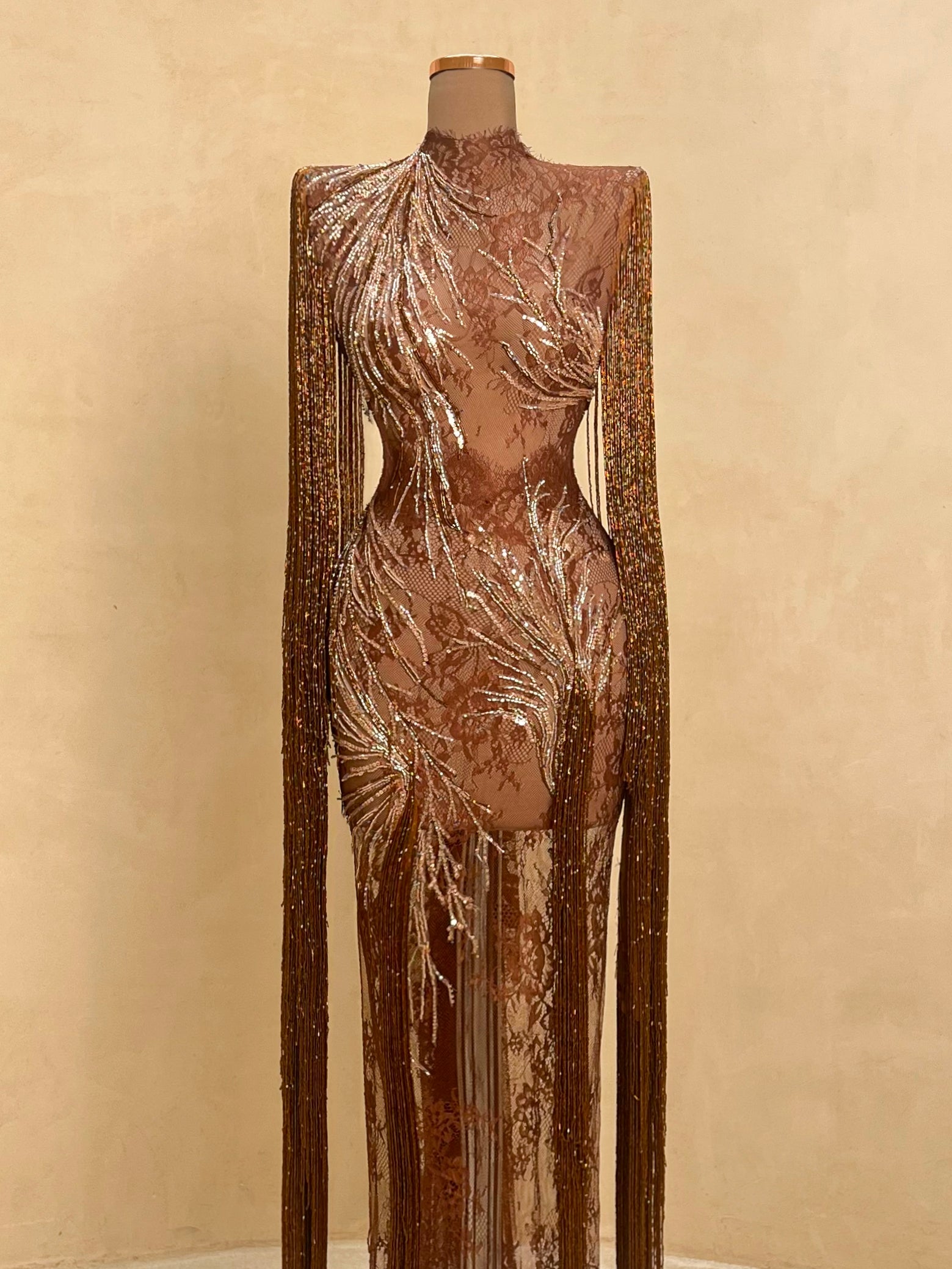 Bronze Lace Long-Sleeve Gown with Beaded Fringe VALDRIN SAHITI Bronze Lace Long-Sleeve Gown with Beaded Fringe VALDRIN SAHITI