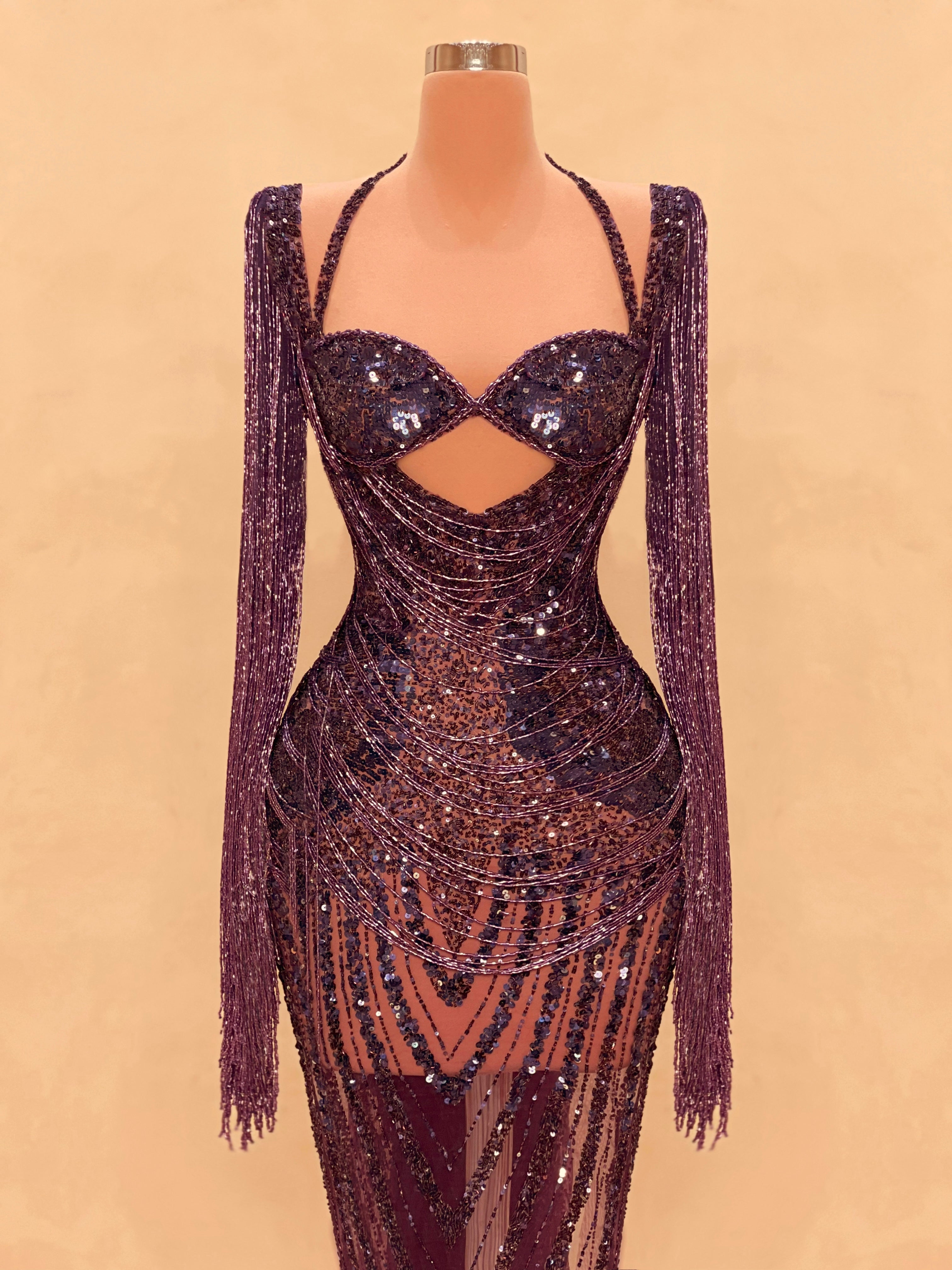 Purple Sequin Beaded Fringe Gown Couture Evening Dress VALDRIN SAHITI Purple Sequin Beaded Fringe Gown Couture Evening Dress VALDRIN SAHITI