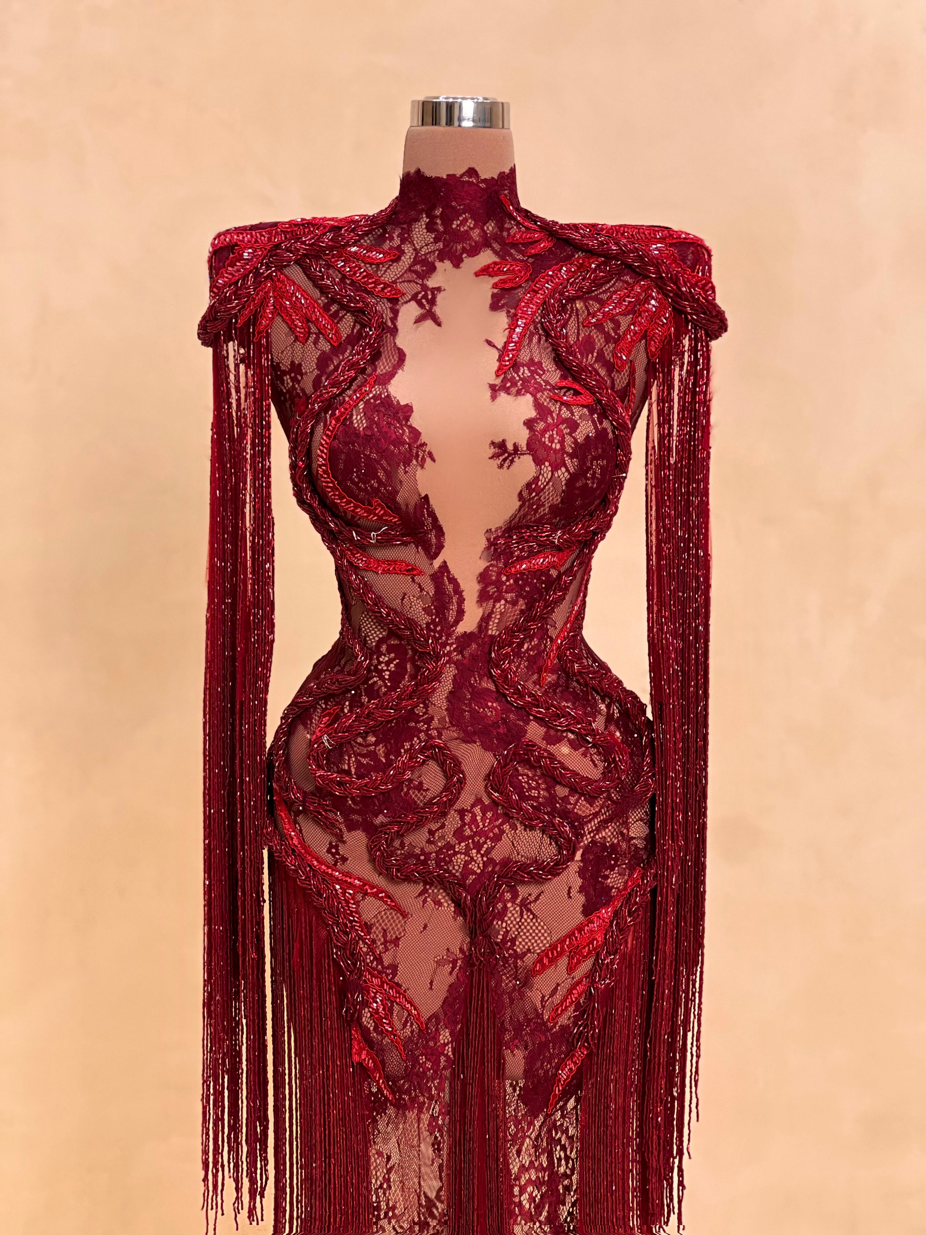 Red Lace Dragon Embroidery Gown with Fringe Sleeves Valdrin Sahiti VALDRIN SAHITI Red Lace Dragon Embroidery Gown with Fringe Sleeves Valdrin Sahiti VALDRIN SAHITI