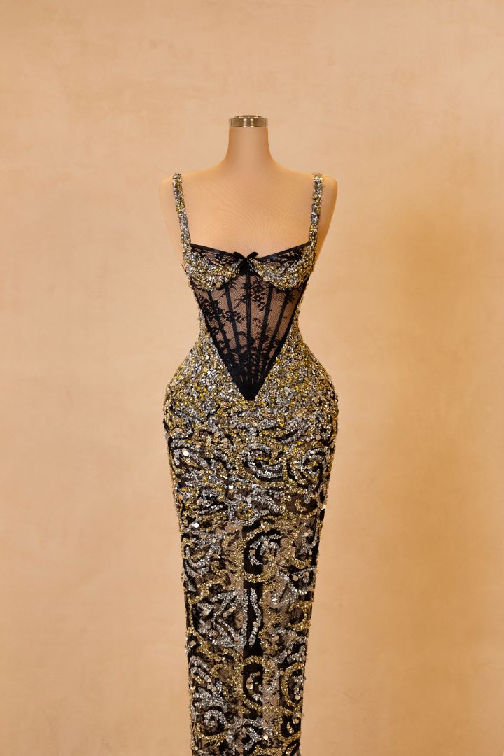 Black & Gold Embroidered Corset Gown with Cape Black & Gold Embroidered Corset Gown with Cape