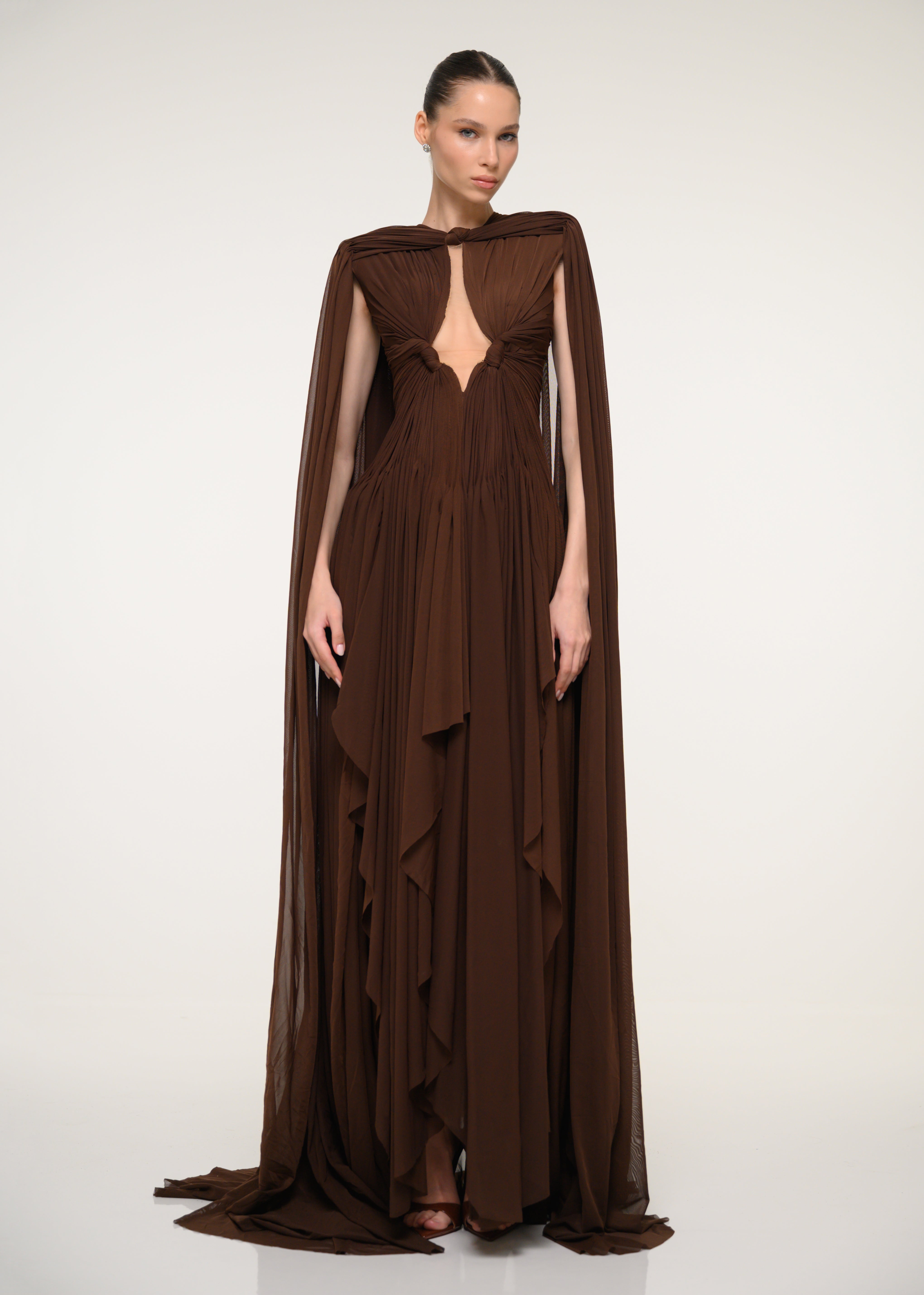 Brown Cape Gown with Flowing Silhouette Brown Cape Gown with Flowing Silhouette