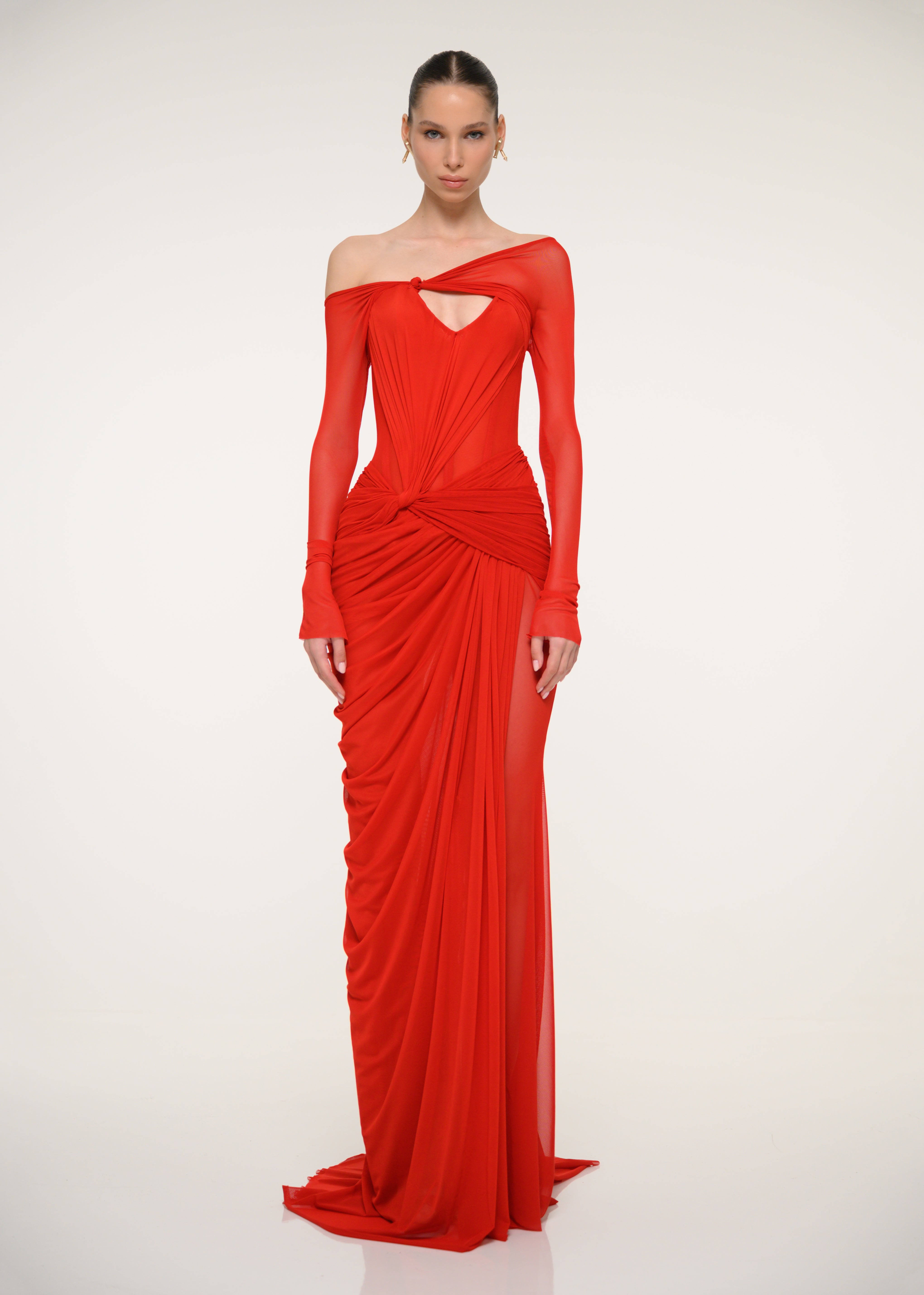 red off the shoulder ruched dress Off-Shoulder Satin Gown with Ruched Bodice & Thigh-High Slit J880
