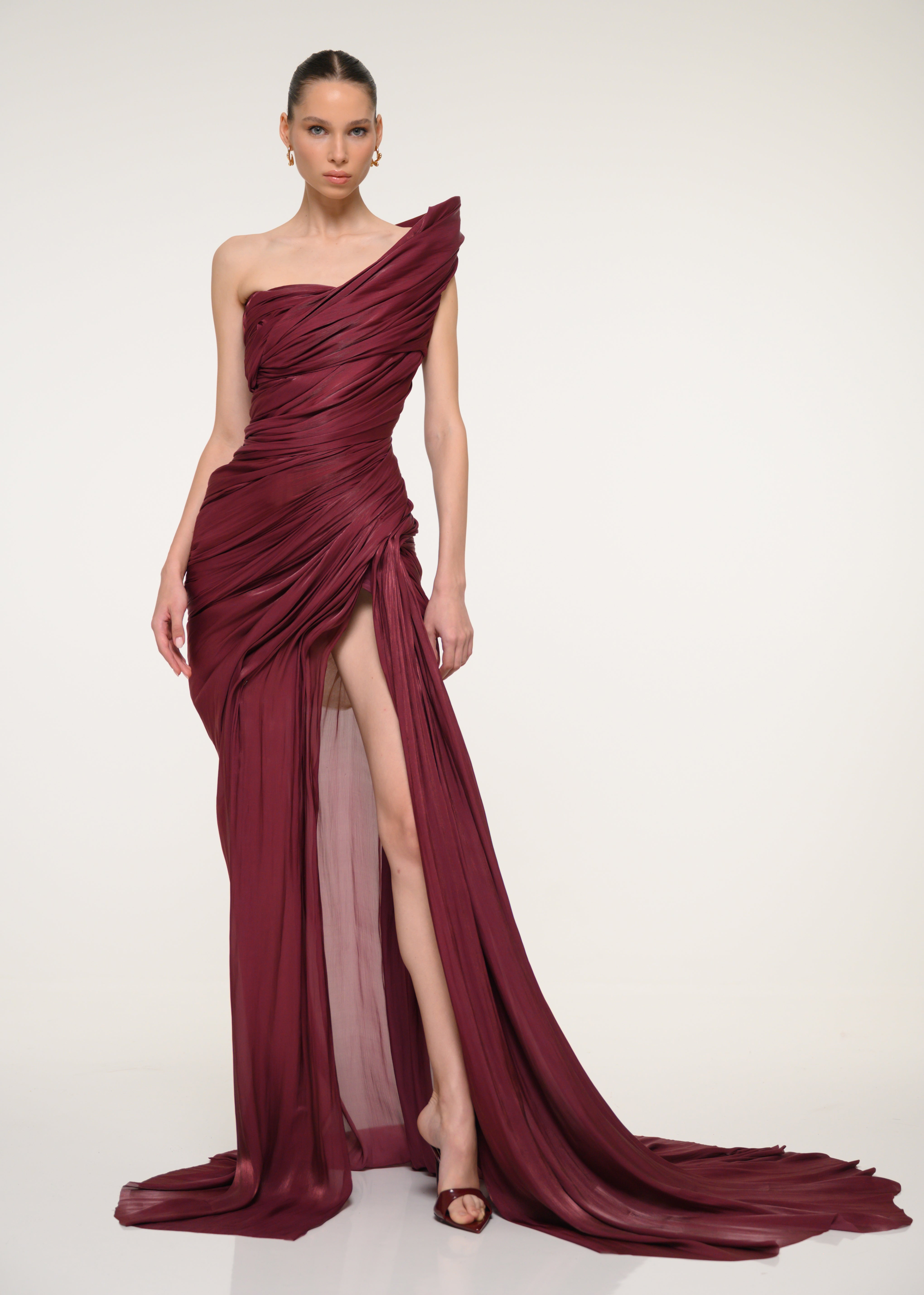 Burgundy One-Shoulder Dress VALDRIN SAHITI Burgundy One-Shoulder Dress VALDRIN SAHITI