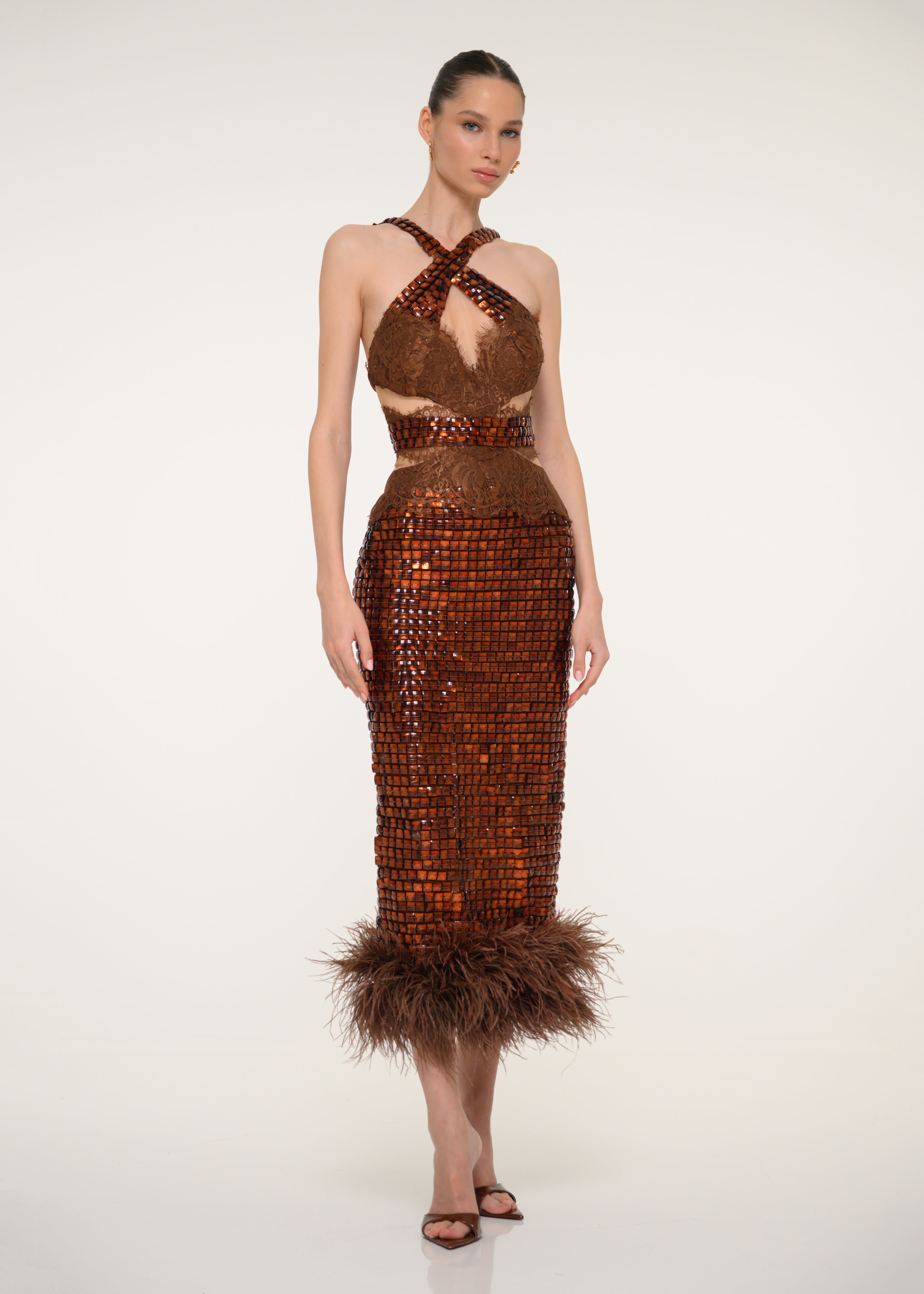 bronze sequin midi dress brown sequin midi dress JUST FOR FUN RHINESTONE MIDI DRESS IN BROWN AKIRA