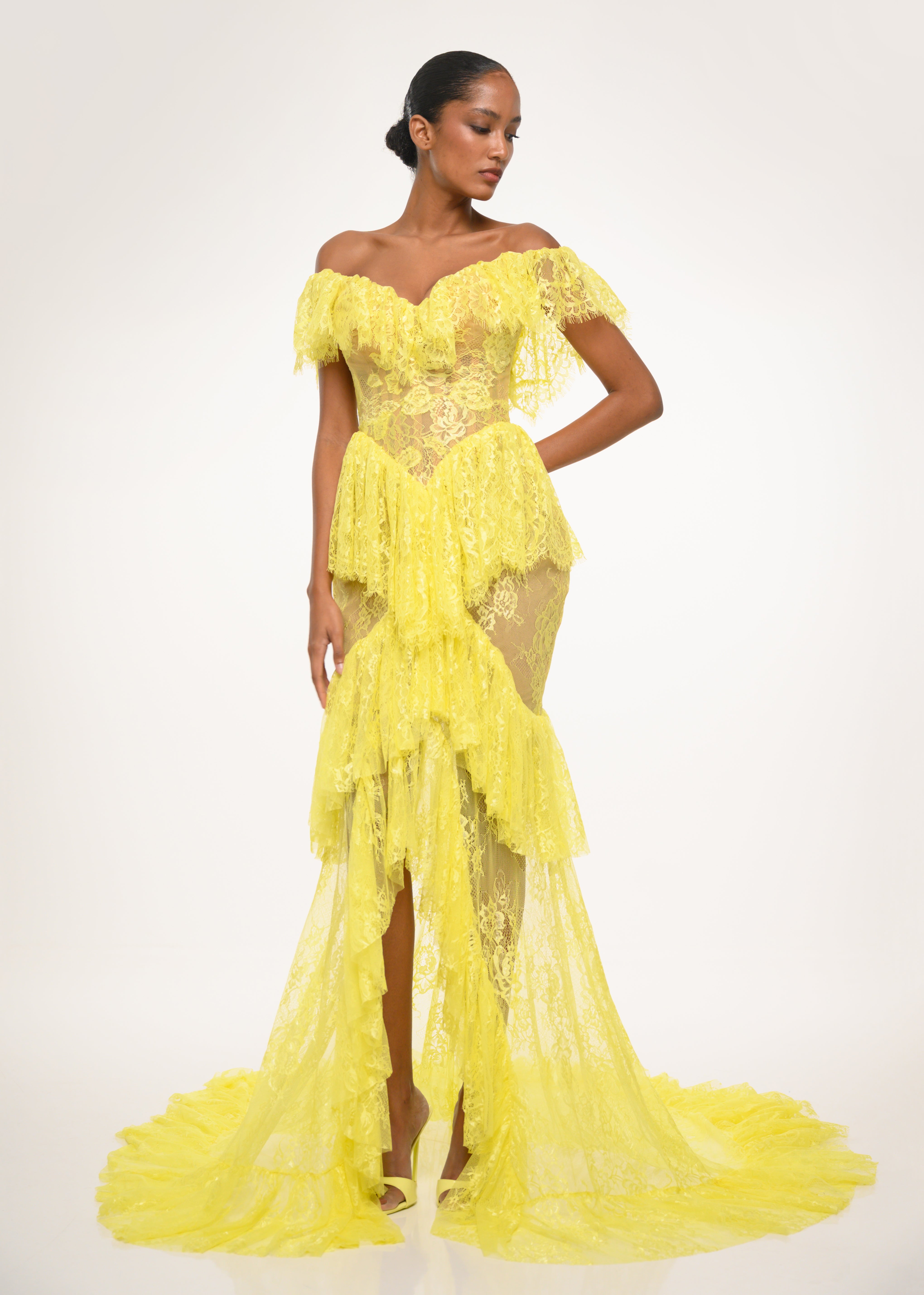 Yellow Lace Off-Shoulder Gown