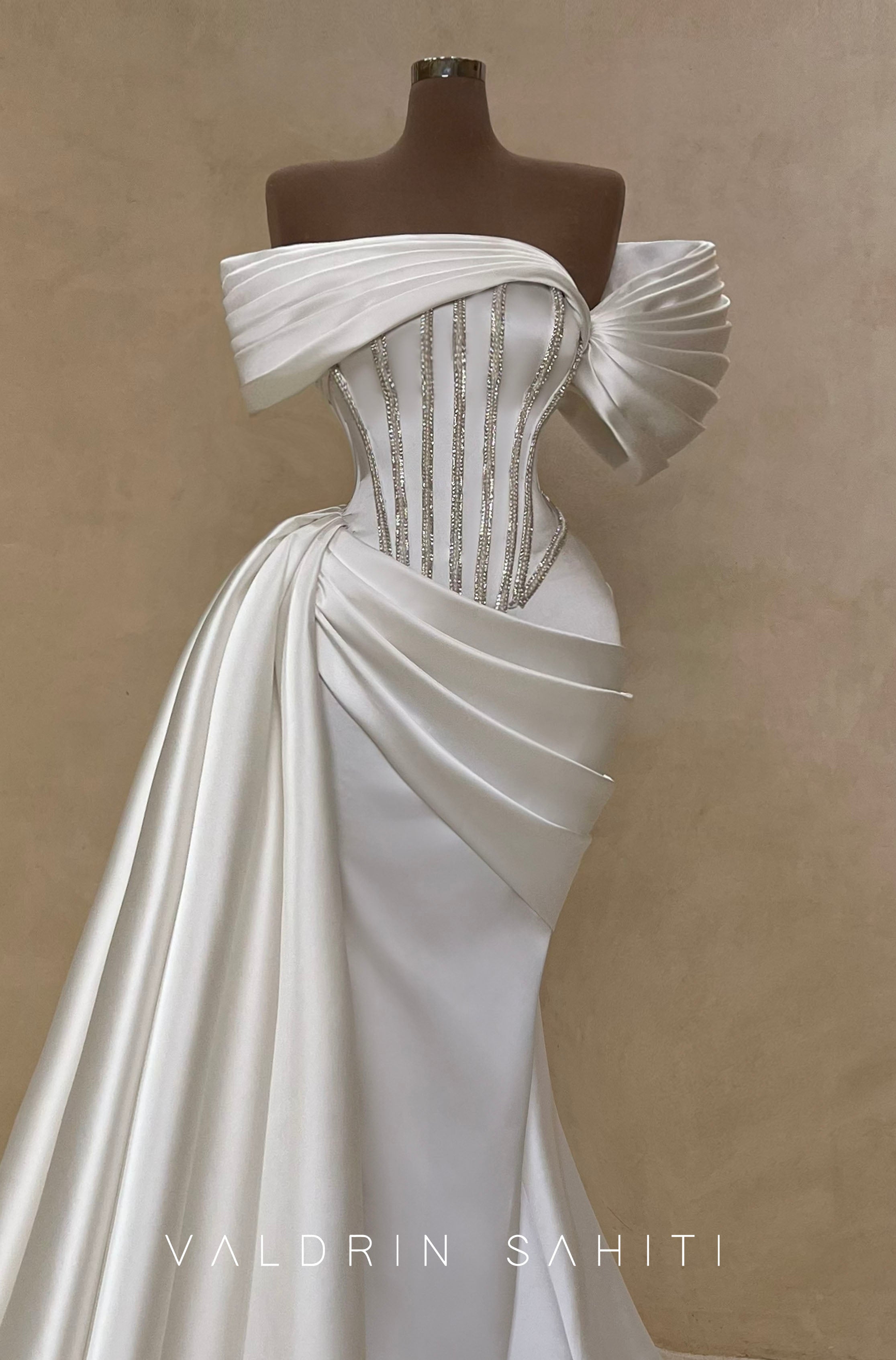 Sculpted Off-Shoulder White Satin Bridal Gown | Valdrin Sahiti Sculpted Off-Shoulder White Satin Bridal Gown | Valdrin Sahiti