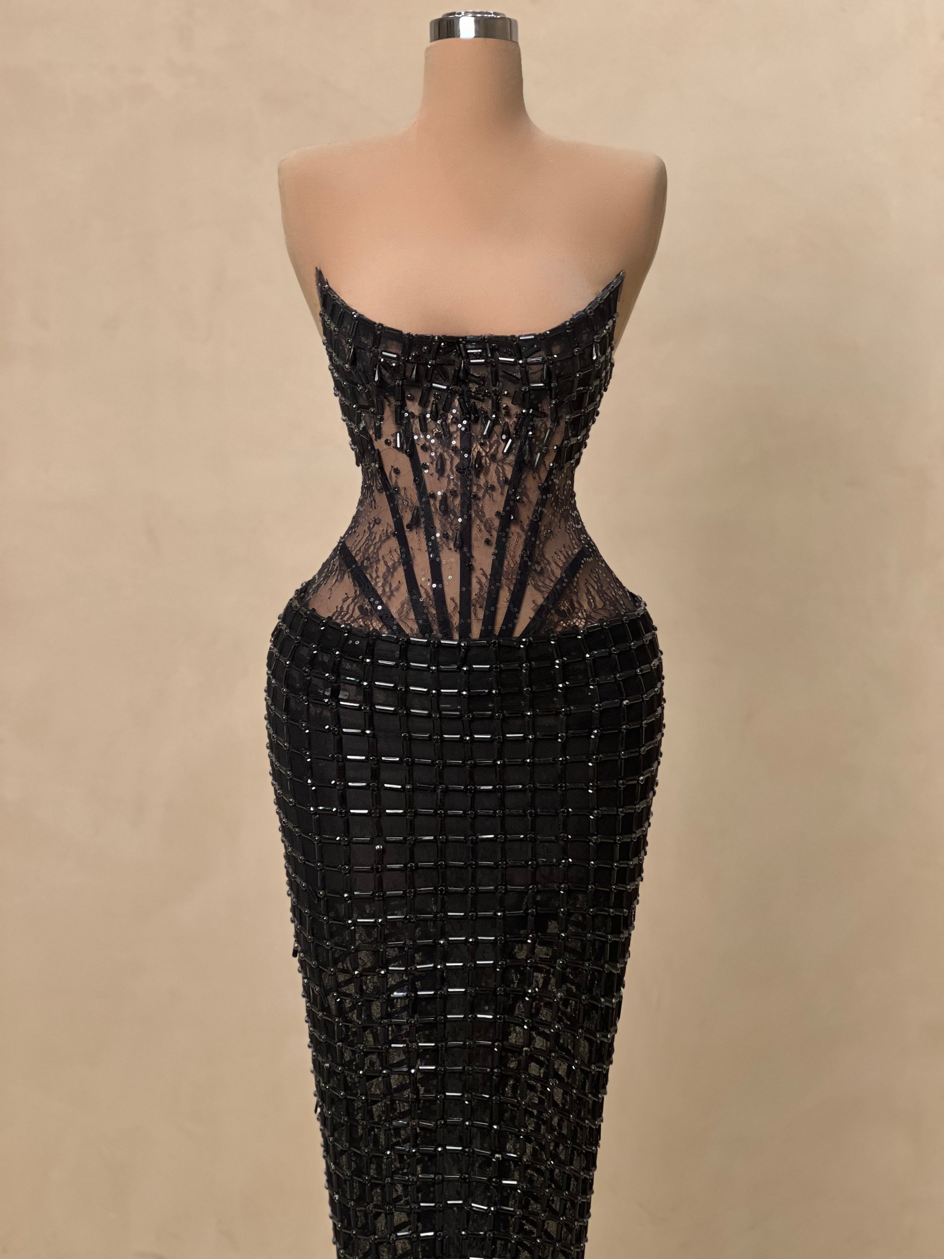 Black Crystal Corset Gown with Sheer Structure VALDRIN SAHITI Black Crystal Corset Gown with Sheer Structure VALDRIN SAHITI