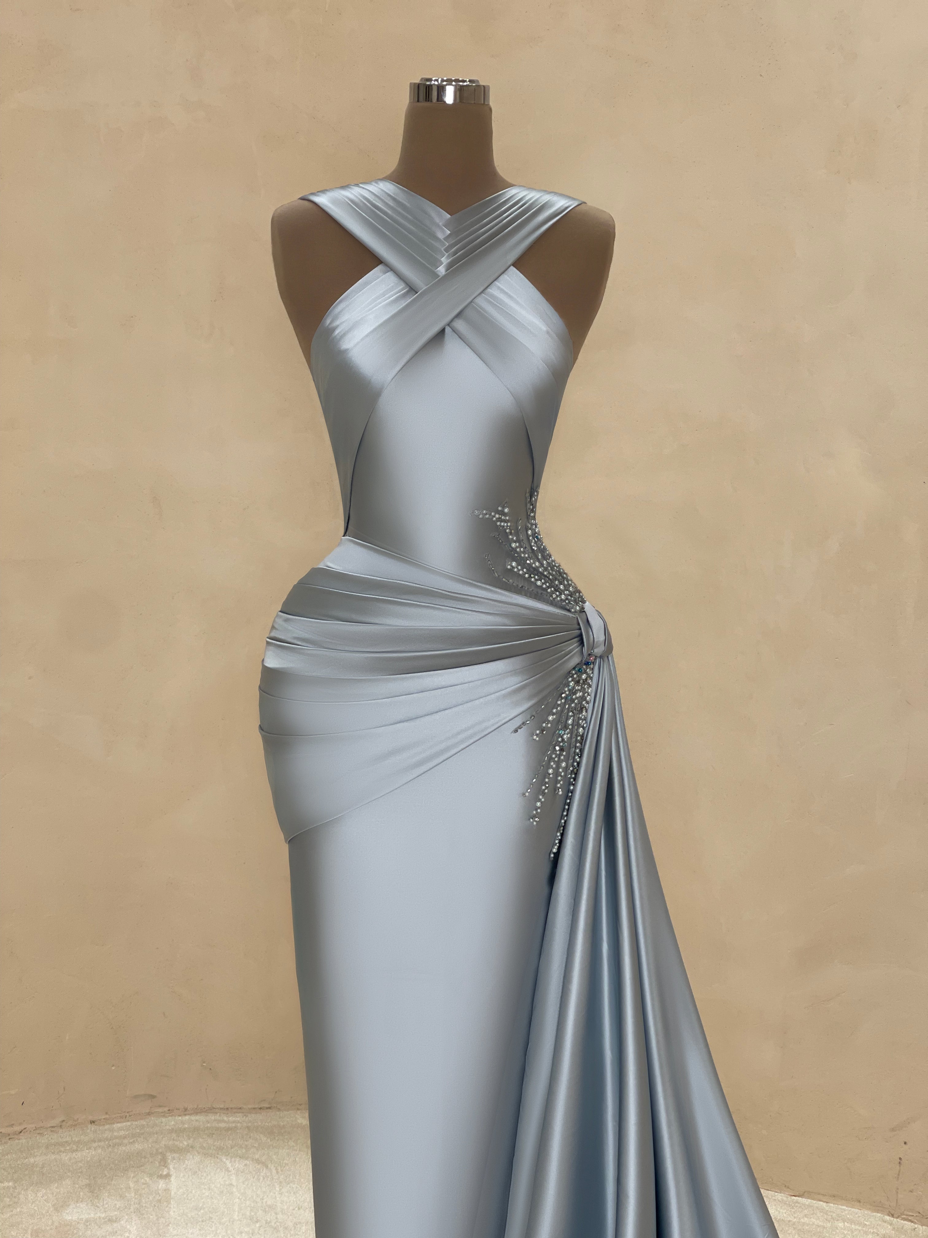 Silver Halter Ruched Metallic Gown with Slit VALDRIN SAHITI Silver Halter Ruched Metallic Gown with Slit VALDRIN SAHITI