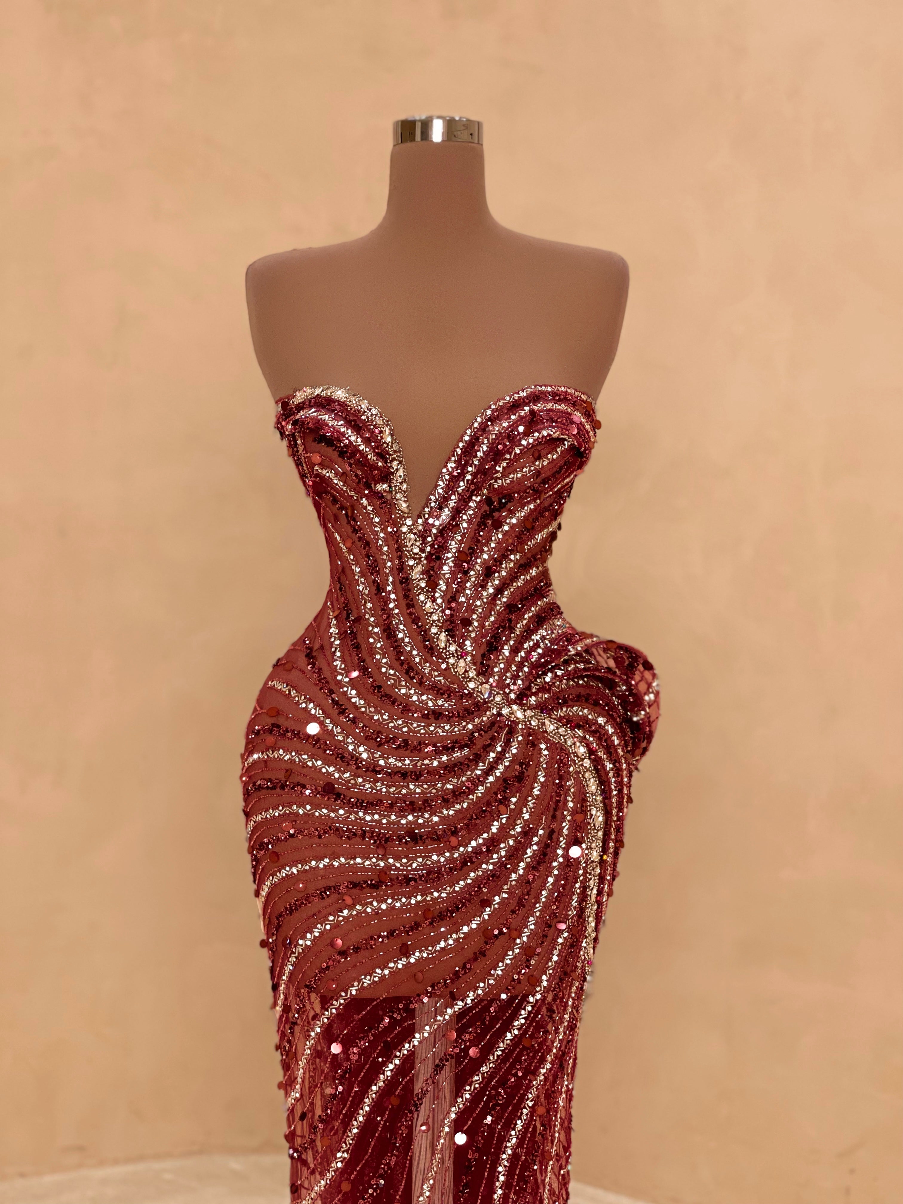 Strapless Red Crystal Gown with Sculpted Neckline VALDRIN SAHITI Strapless Red Crystal Gown with Sculpted Neckline VALDRIN SAHITI
