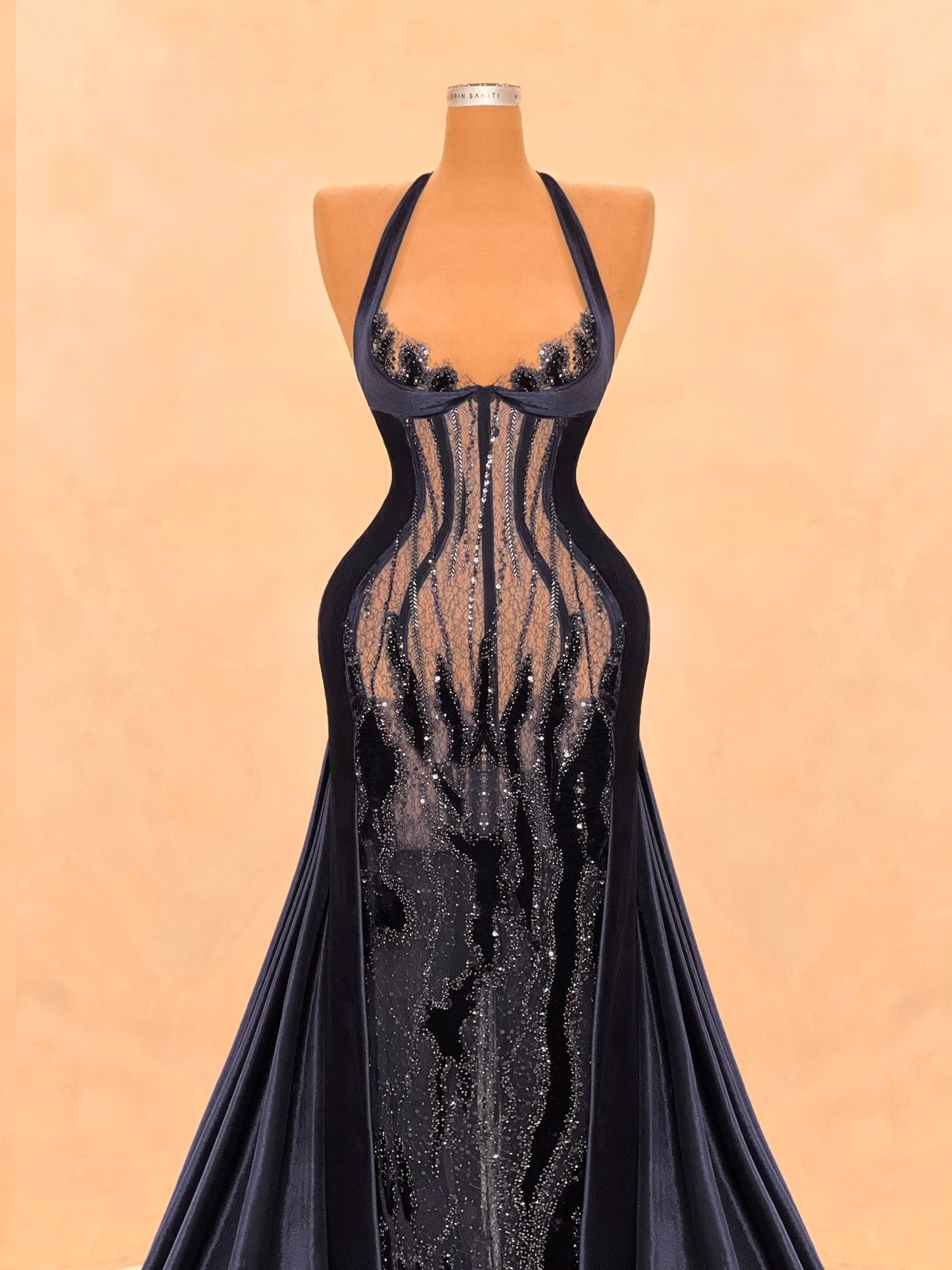 Black Illusion Gown with Navy Velvet Embroidery VALDRIN SAHITI Black Illusion Gown with Navy Velvet Embroidery VALDRIN SAHITI