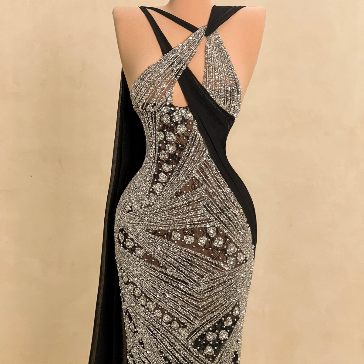 Black & Silver Evening Gown with Ruffled Sleeves