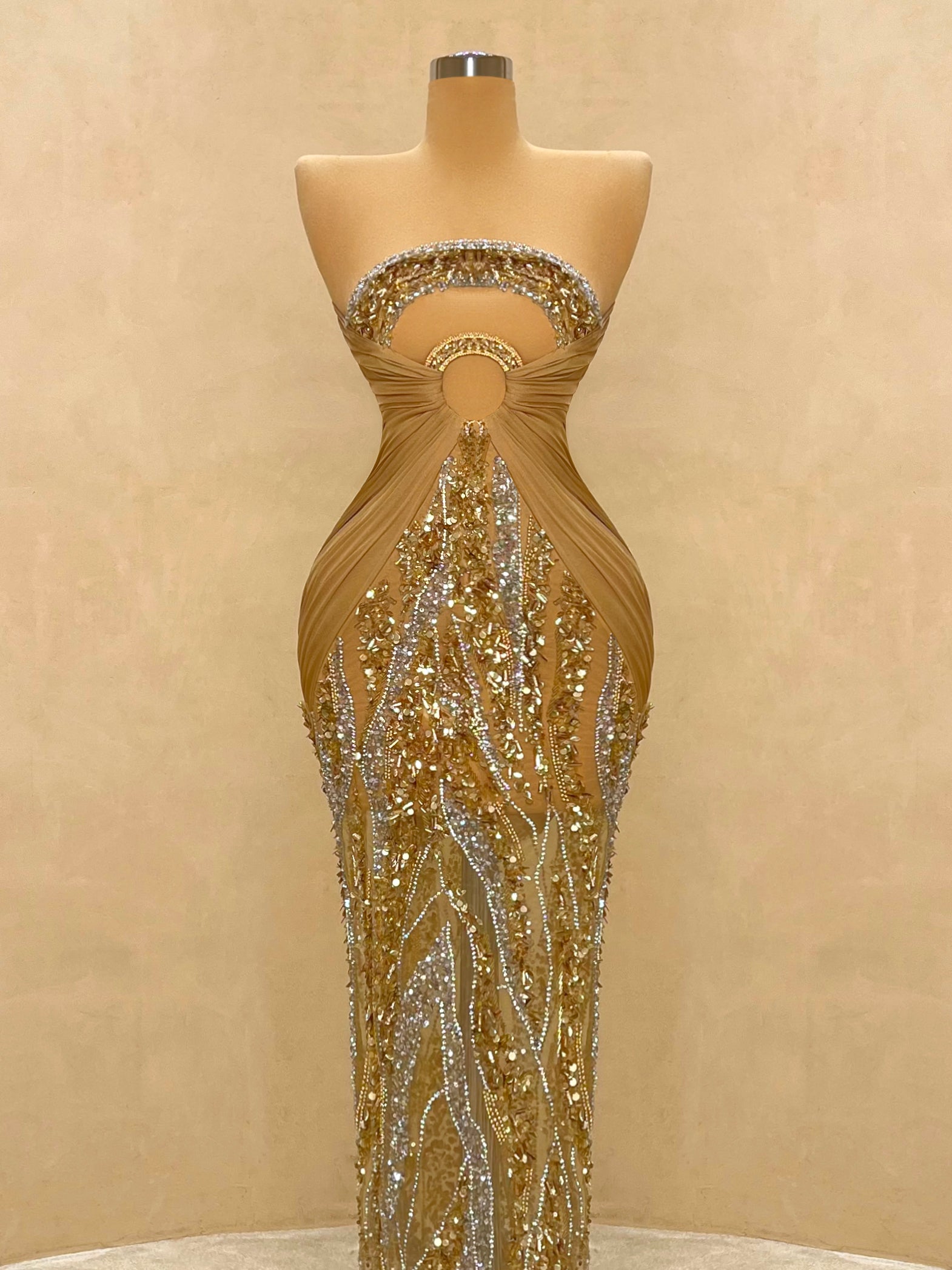 Golden Hand-Beaded Halter Evening Gown with Cape