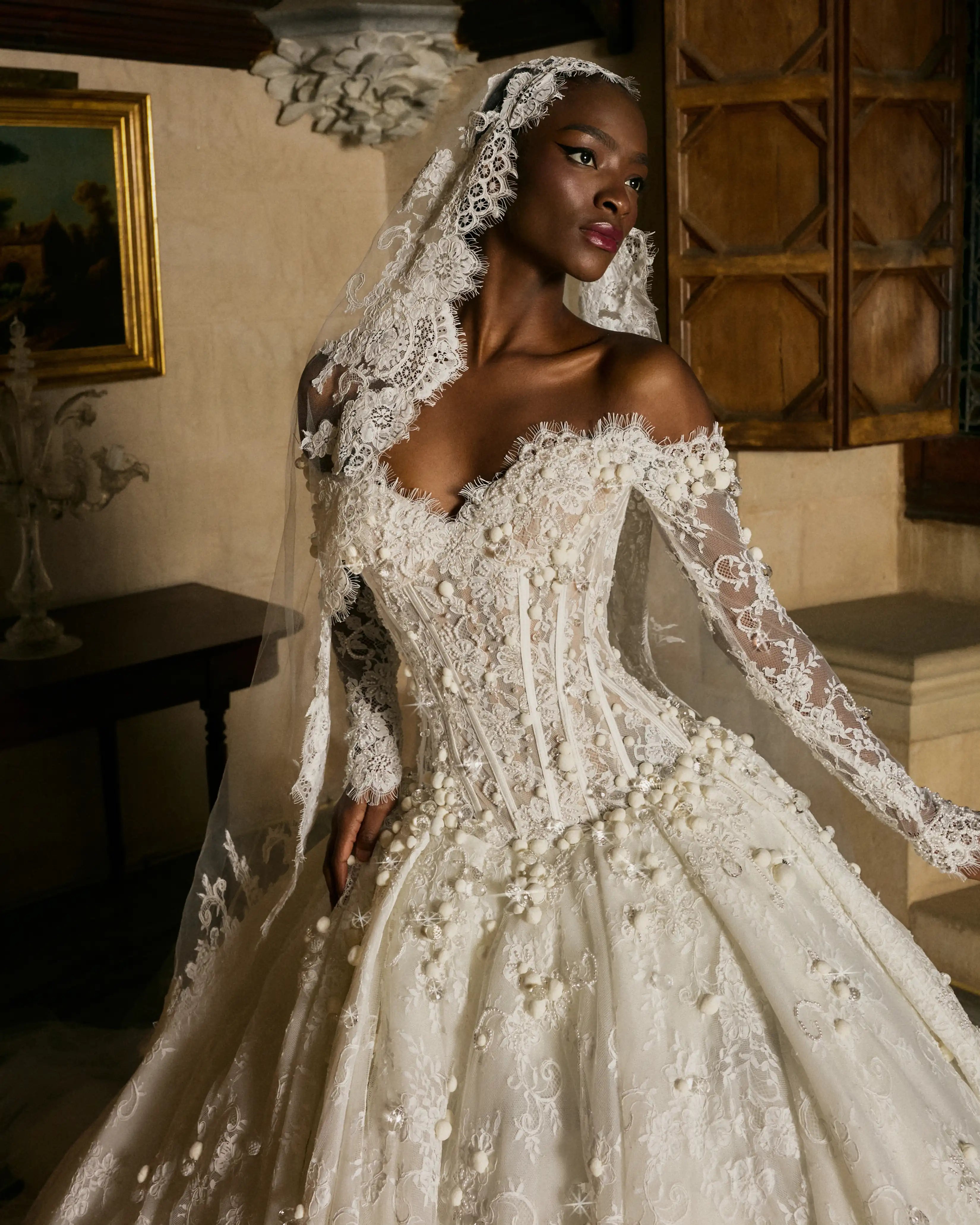 Lace Long-Sleeve Bridal Ballgown with Veil & Train Lace Long-Sleeve Bridal Ballgown with Veil & Train