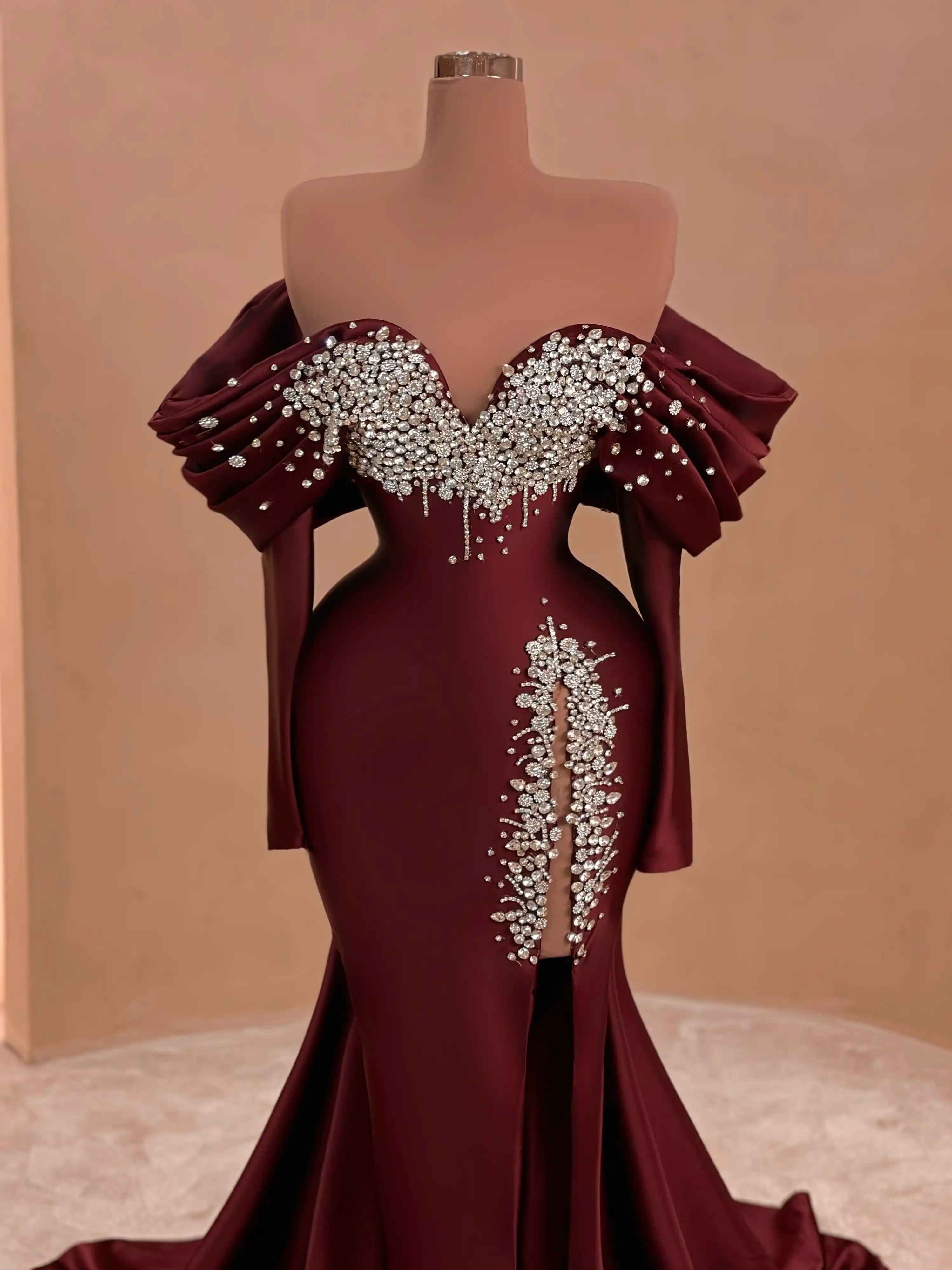 wine dinner dress Luxury Wine Red Sequin Beaded Strapless Ball Gown Evening Dress XD074