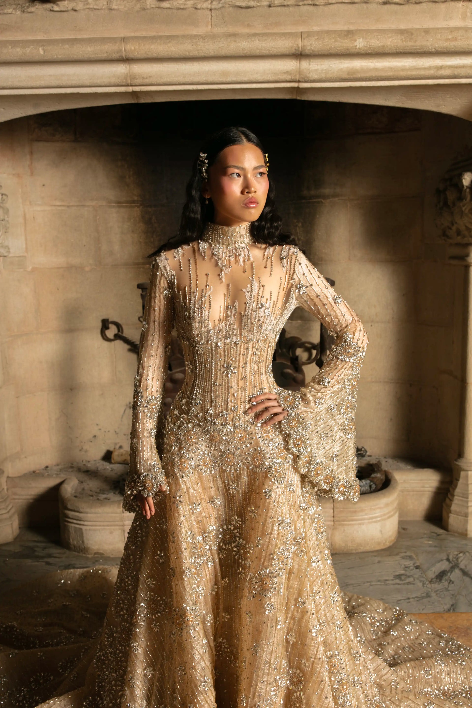 Gold Embellished Long Sleeve Bridal Gown High Neck Couture Wedding VALDRIN SAHITI Gold Embellished Long Sleeve Bridal Gown High Neck Couture Wedding VALDRIN SAHITI