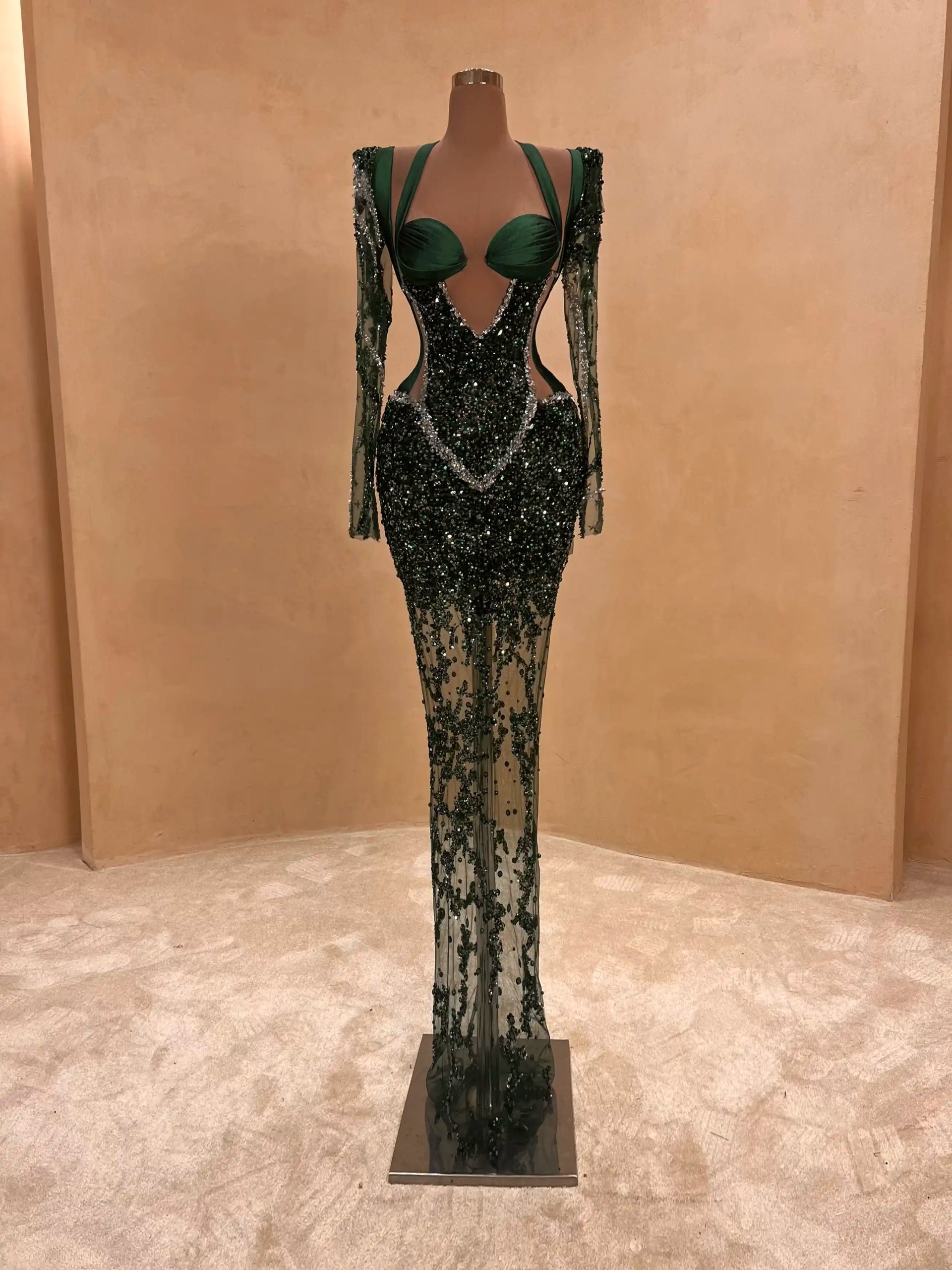 green emerald velvet dress Olive Green Plunge Gown – Evening Dress 061 – VALDRIN SAHITI main image 0