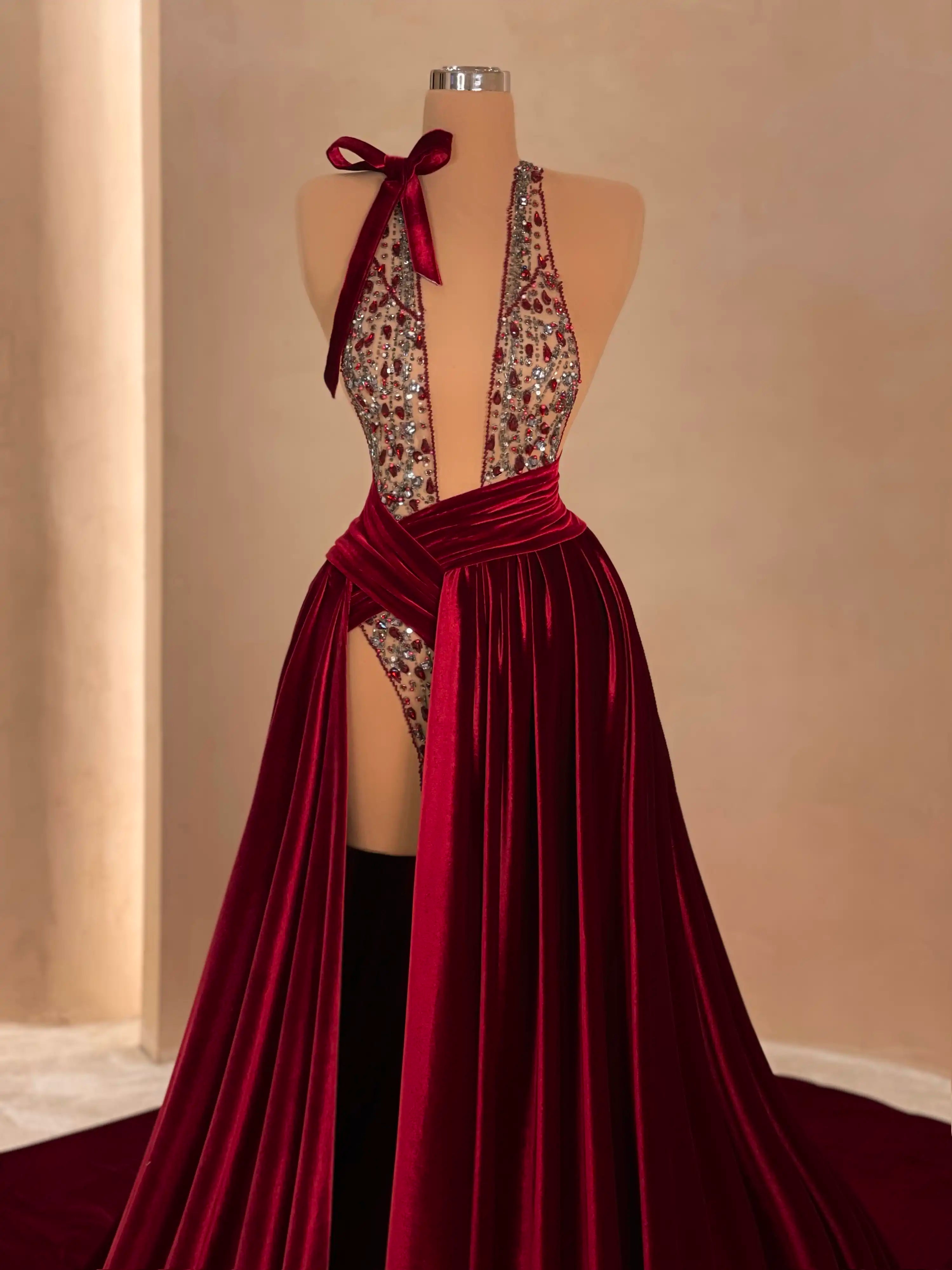 Burgundy Velvet Dress with Sequined Bustier – VALDRIN SAHITI