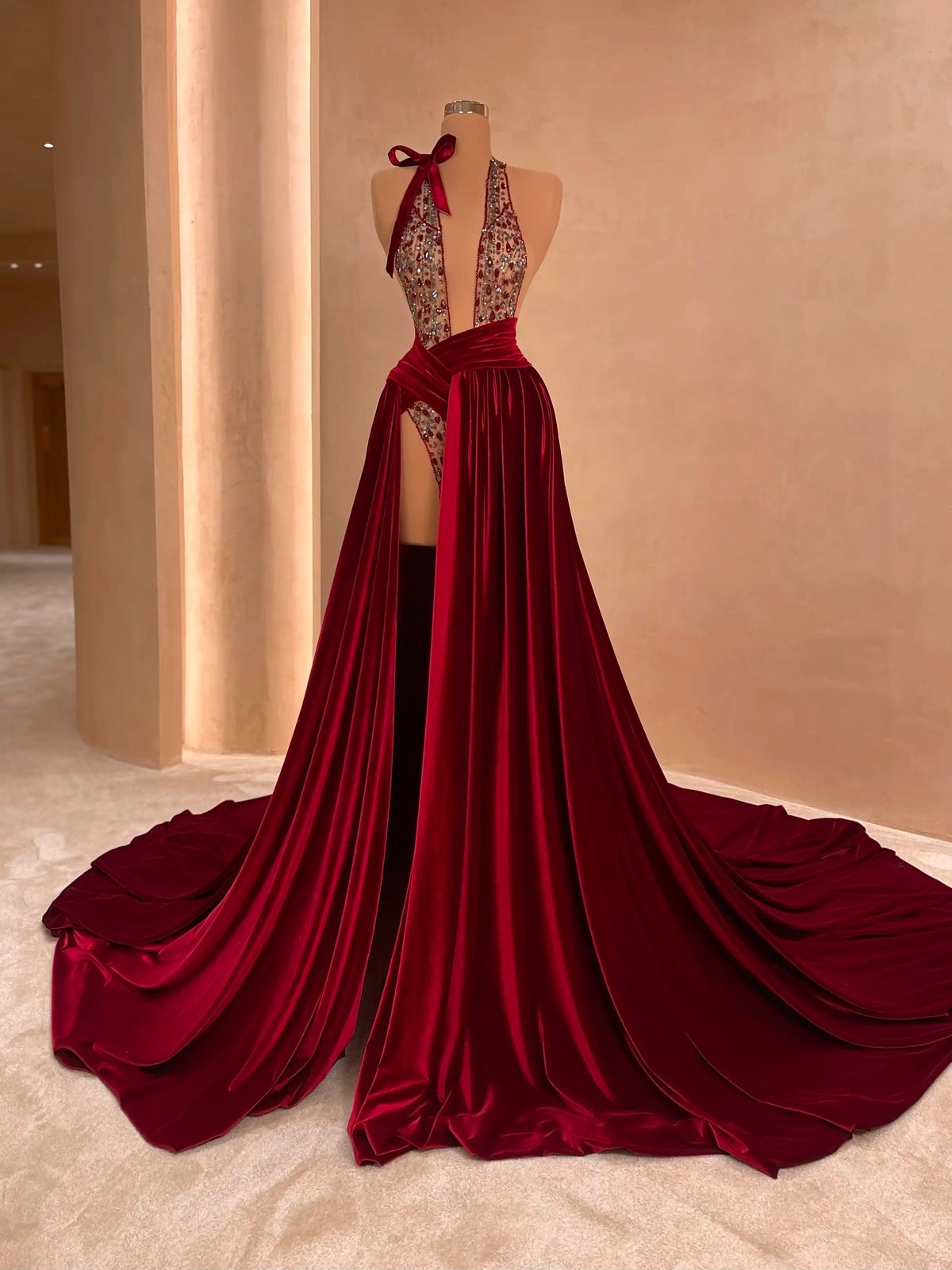 Burgundy Velvet Dress with Sequined Bustier Model 2
