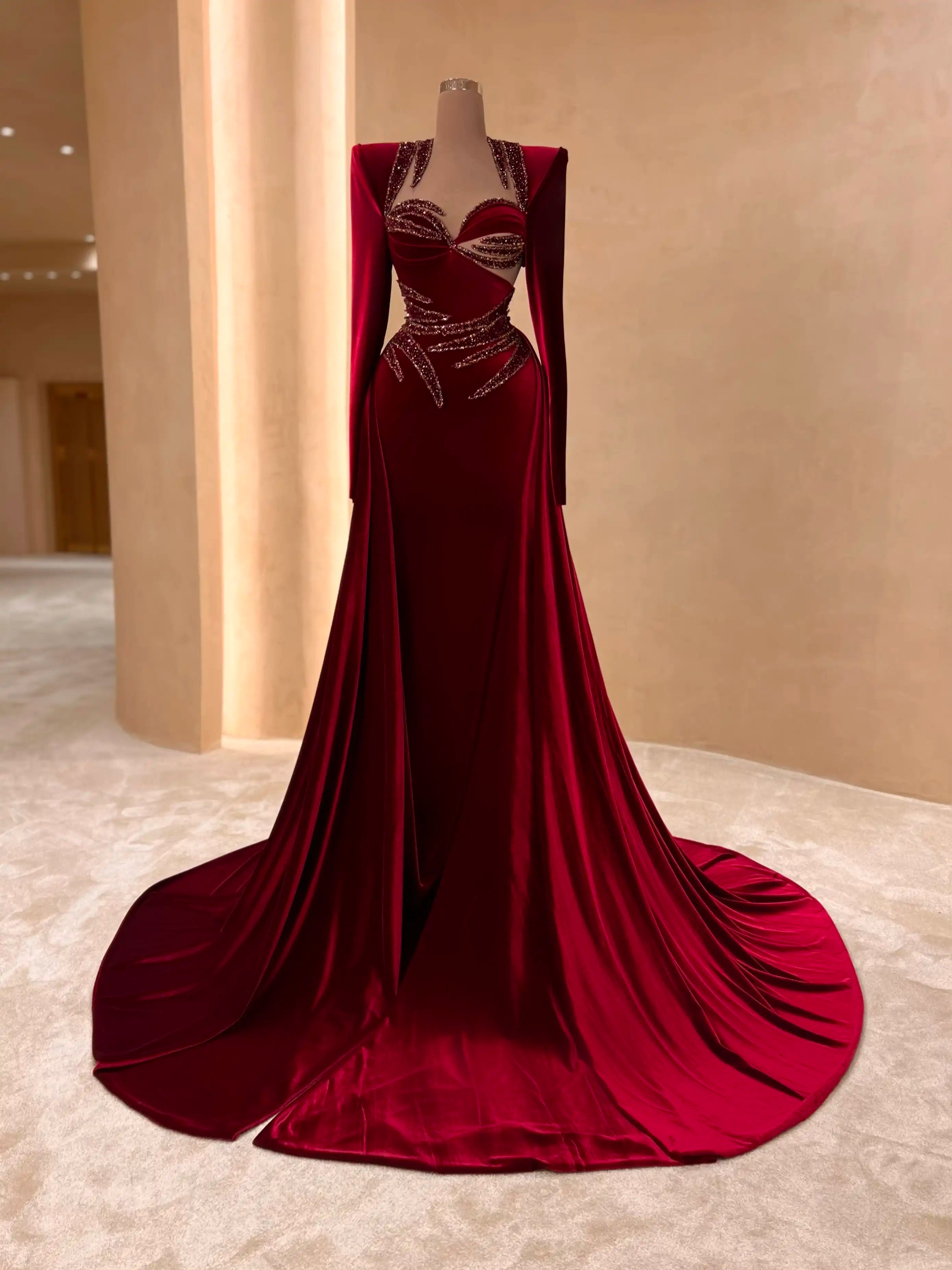 Burgundy Velvet Dress with Sequined Bustier VALDRIN SAHITI Burgundy Velvet Dress with Sequined Bustier VALDRIN SAHITI