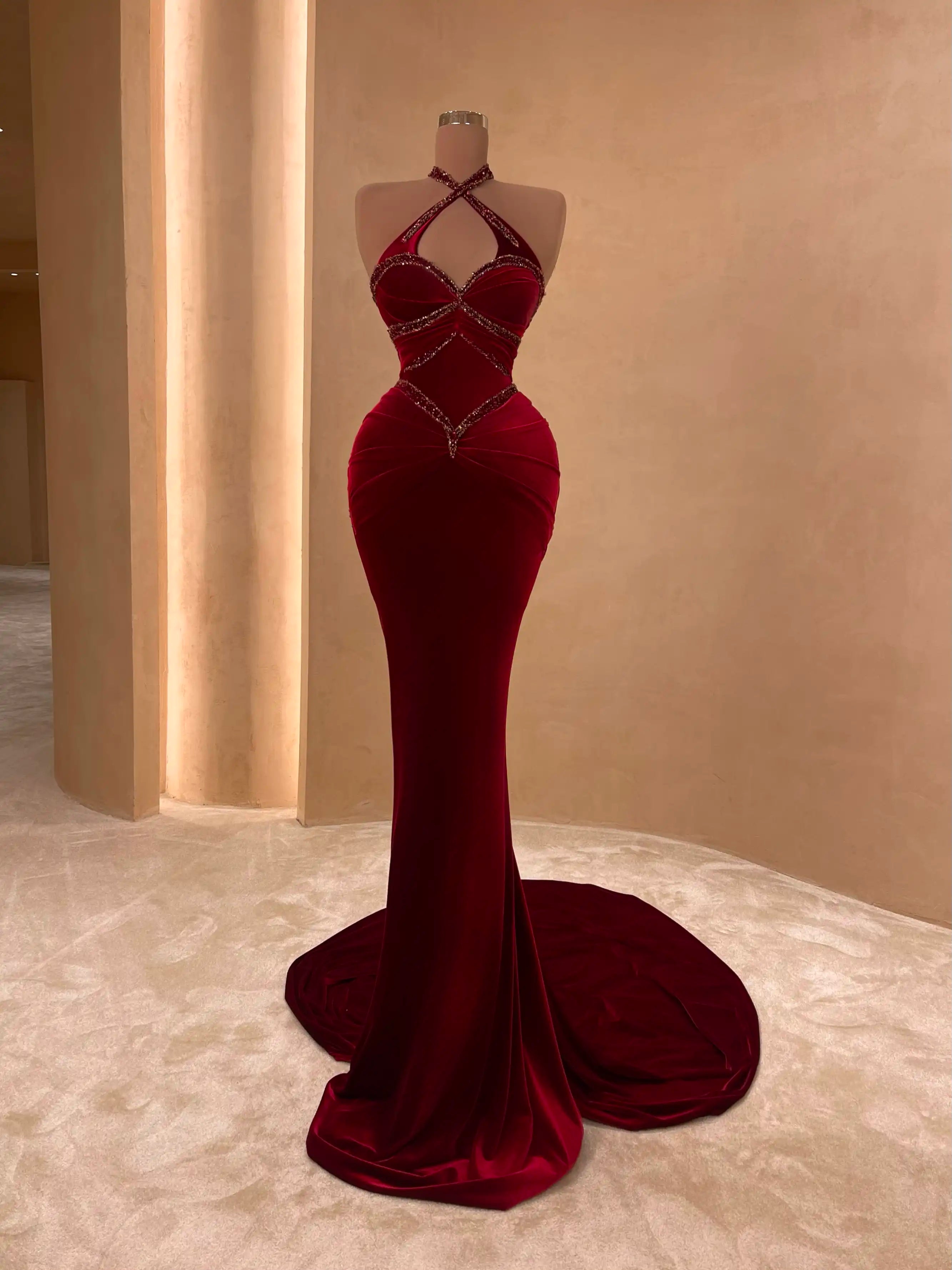 Burgundy Velvet Dress with Sequined Bustier VALDRIN SAHITI Burgundy Velvet Dress with Sequined Bustier VALDRIN SAHITI